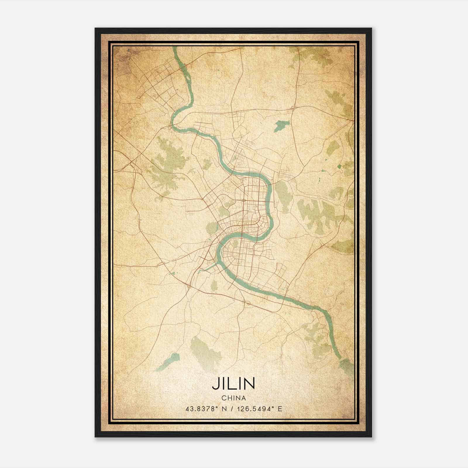Vintage Jilin China Map Poster, Jilin City Road Wall Art Print