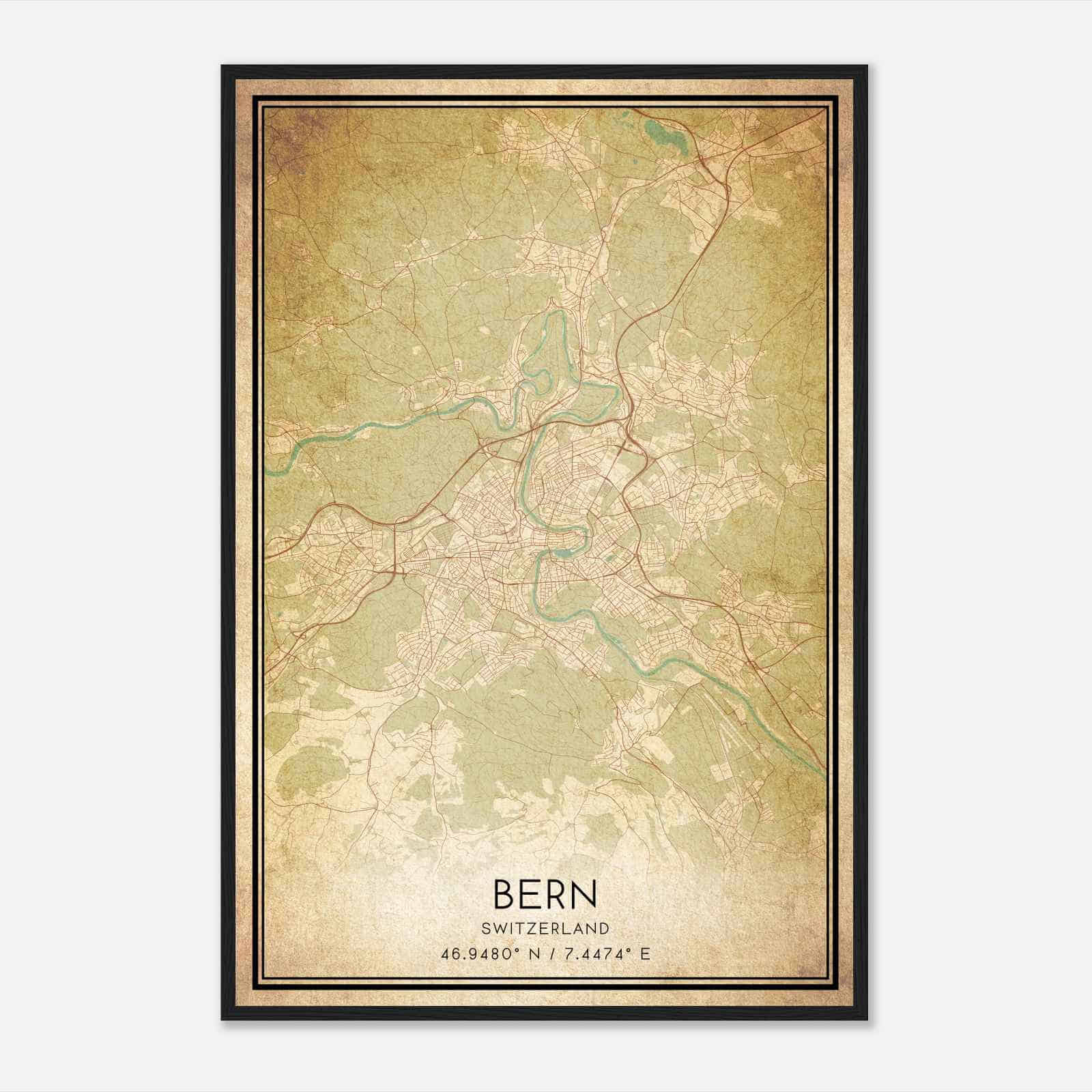 Vintage Bern Switzerland Map Poster, Bern City Road Wall Art Print