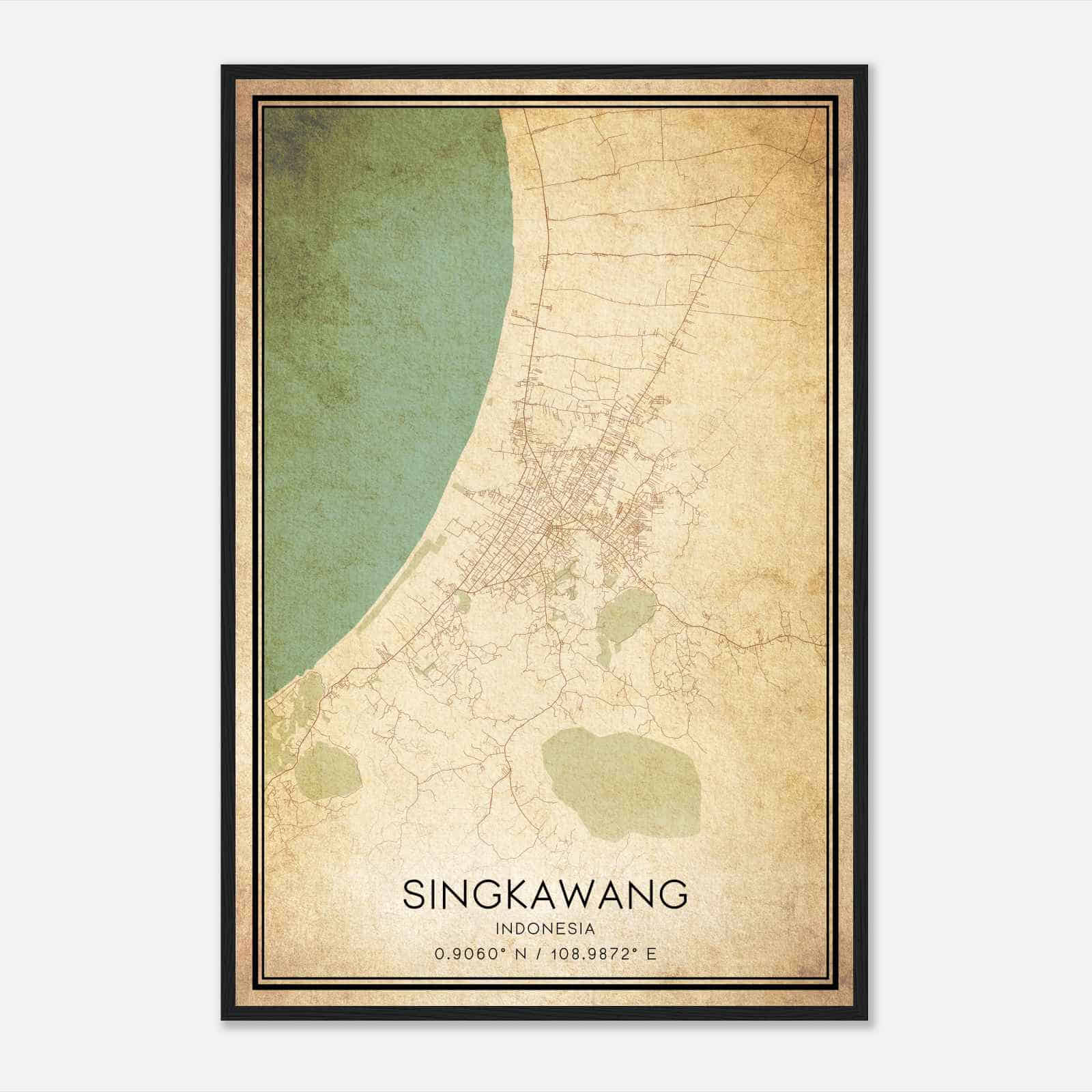 Vintage Singkawang Indonesia Map Poster, Singkawang City Road Wall Art Print