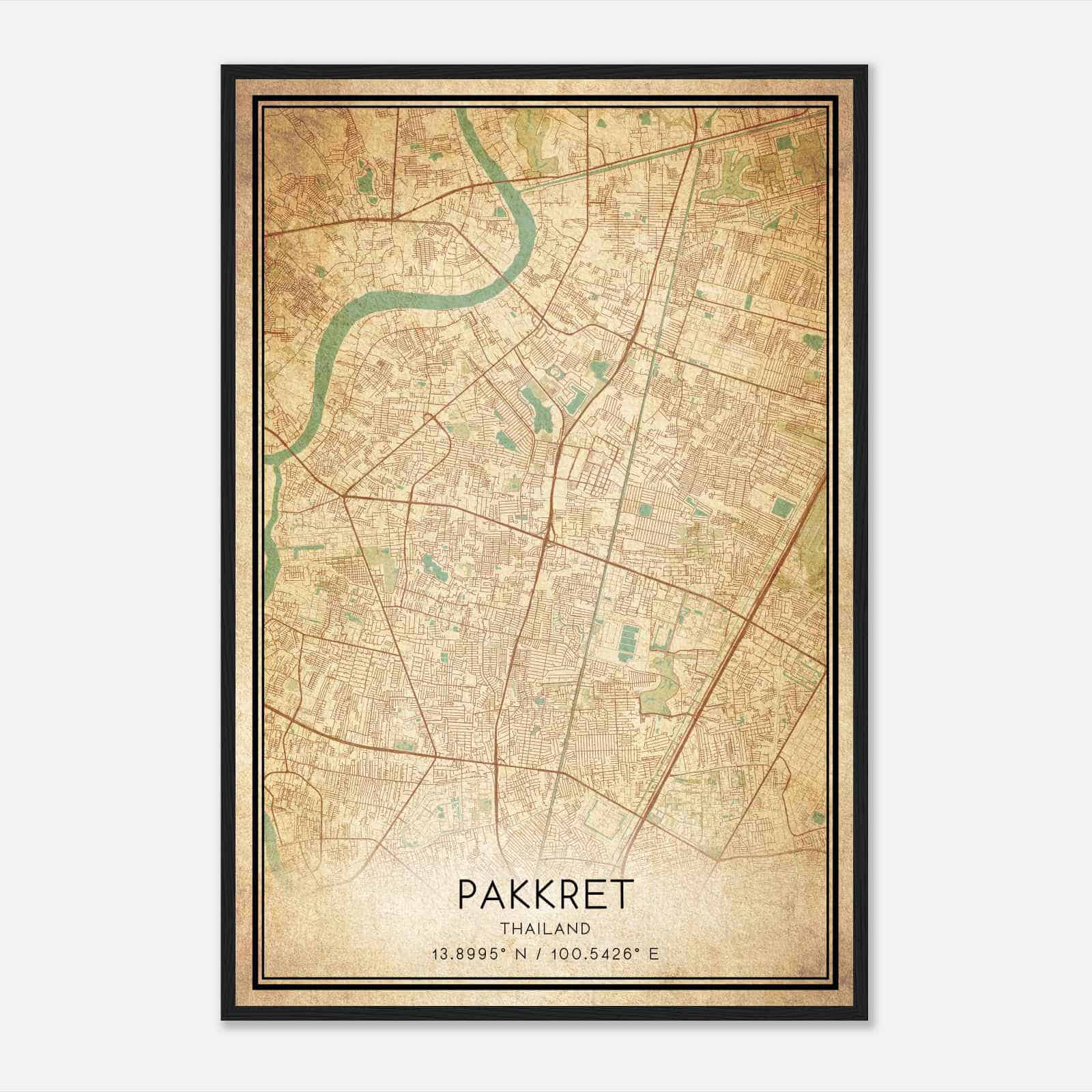 Vintage Pakkret Thailand Map Poster, Pakkret City Road Wall Art Print