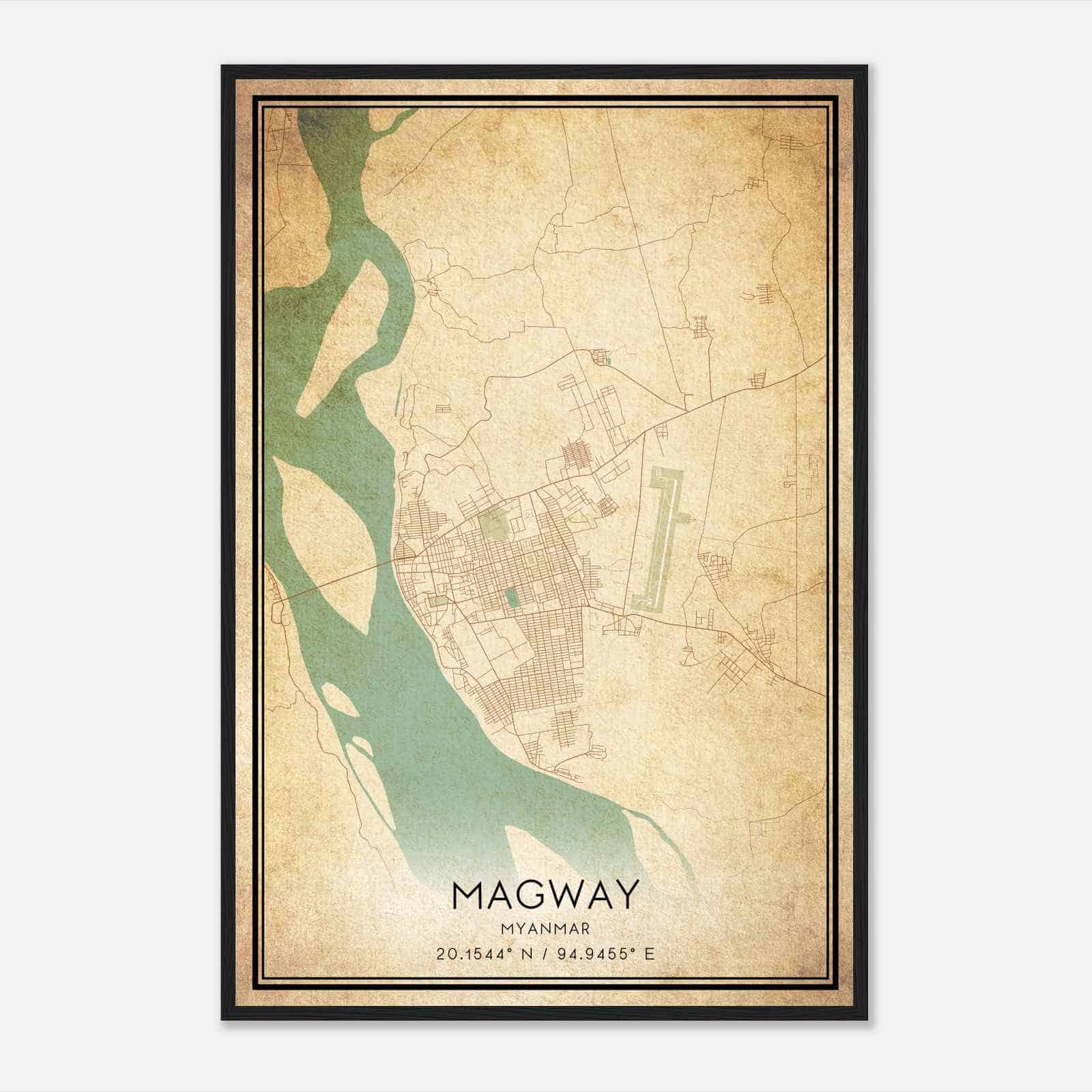 Vintage Magway Myanmar Map Poster, Magway City Road Wall Art Print