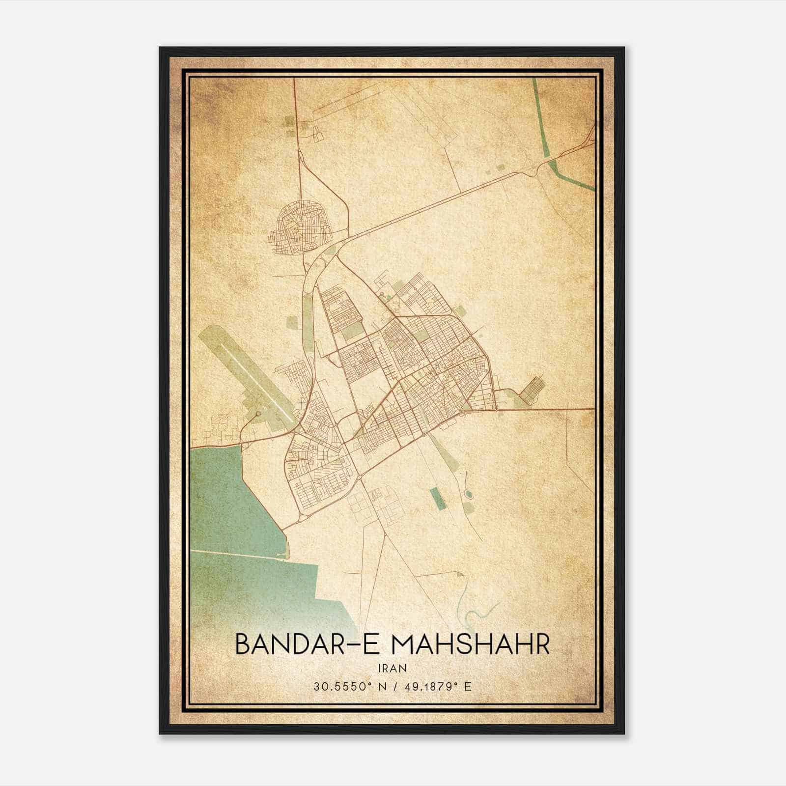 Vintage Bandare Mahshahr Iran Map Poster, Bandare Mahshahr City Road Wall Art Print