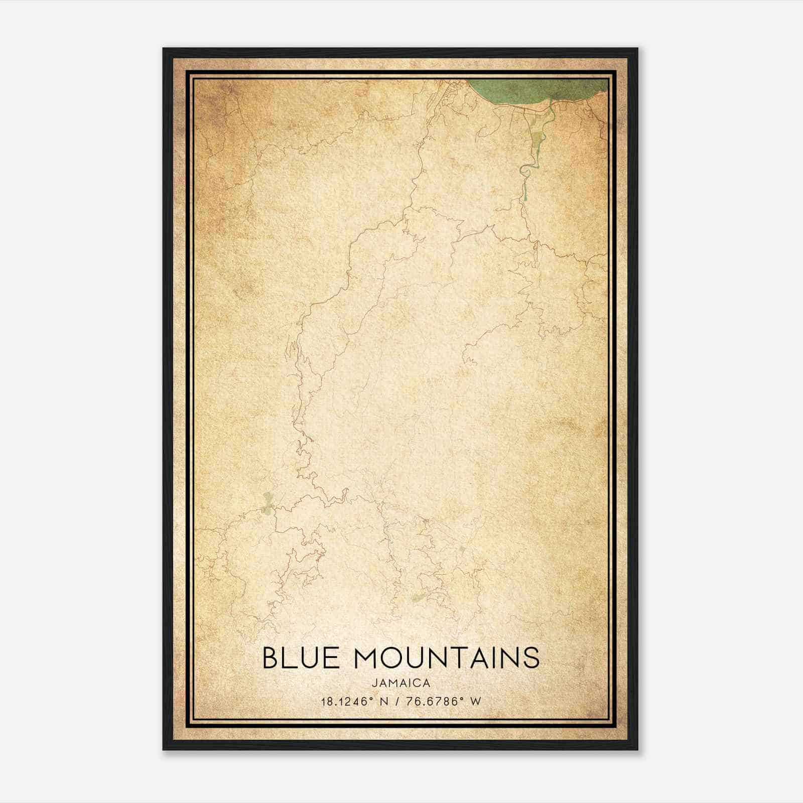Vintage Blue Mountains Jamaica Map Poster, Blue Mountains City Road Wall Art Print