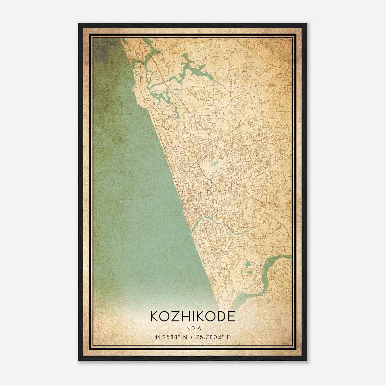 Vintage Kozhikode India Map Poster, Kozhikode City Road Wall Art Print