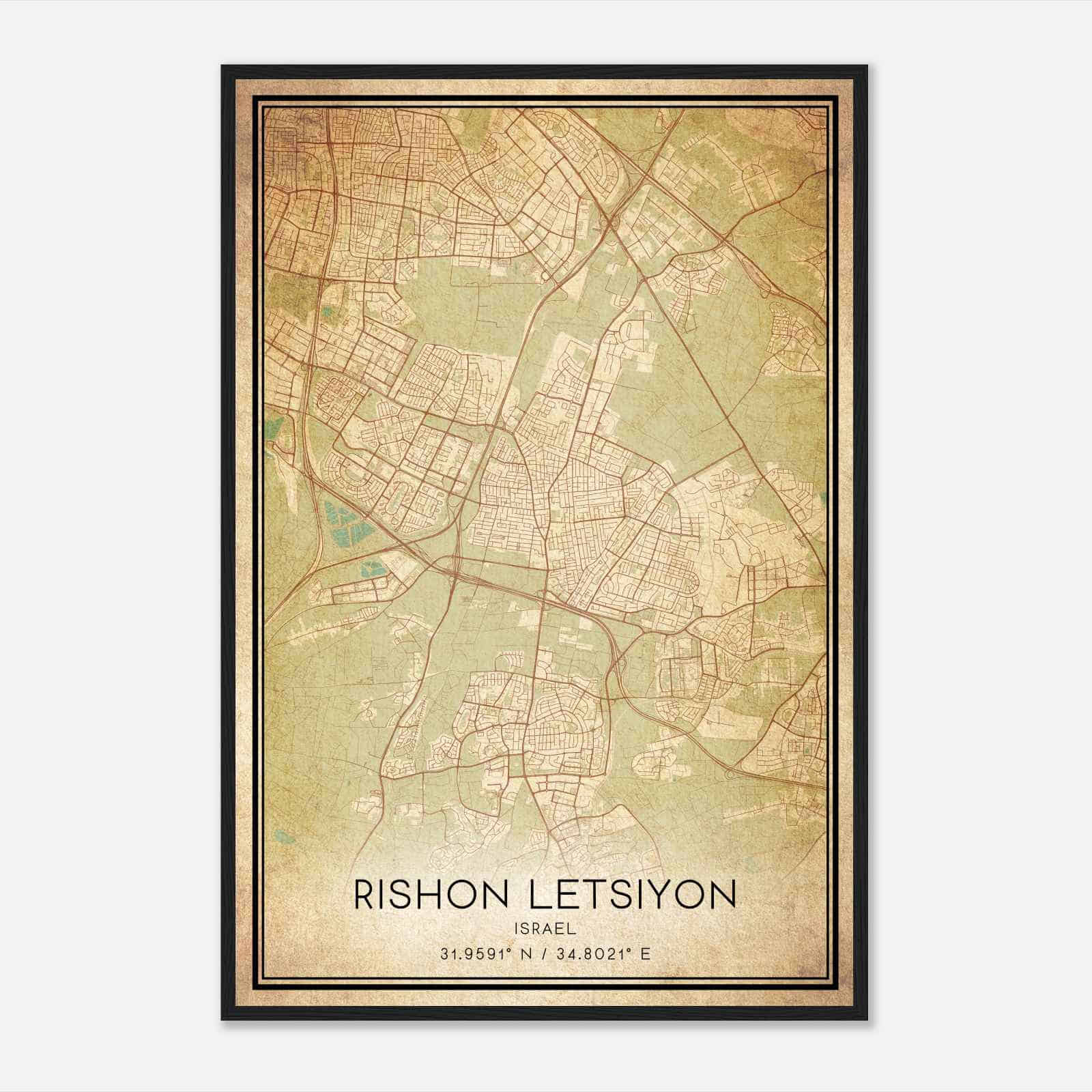 Vintage Rishon LeTsiyon Israel Map Poster, Rishon LeTsiyon City Road Wall Art Print