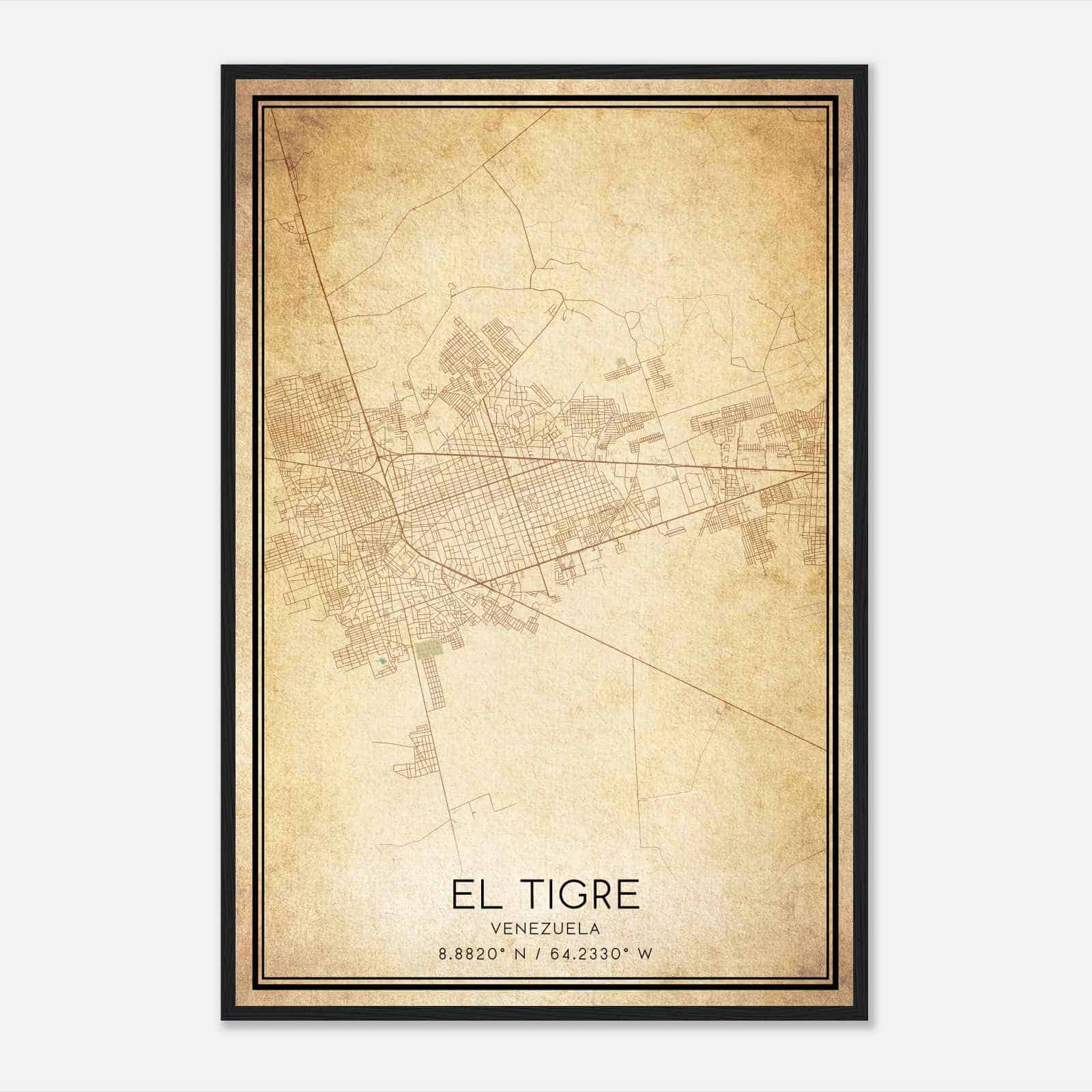 Vintage El Tigre Venezuela Map Poster, El Tigre City Road Wall Art Print