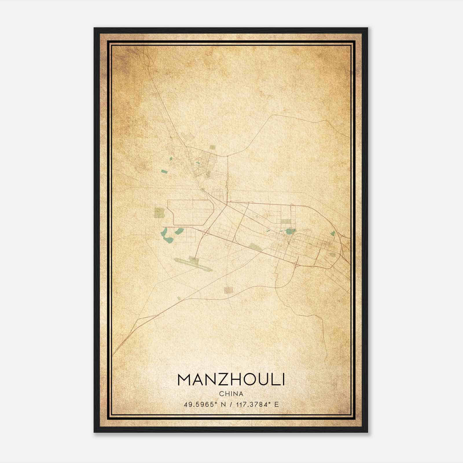 Vintage Manzhouli China Map Poster, Manzhouli City Road Wall Art Print