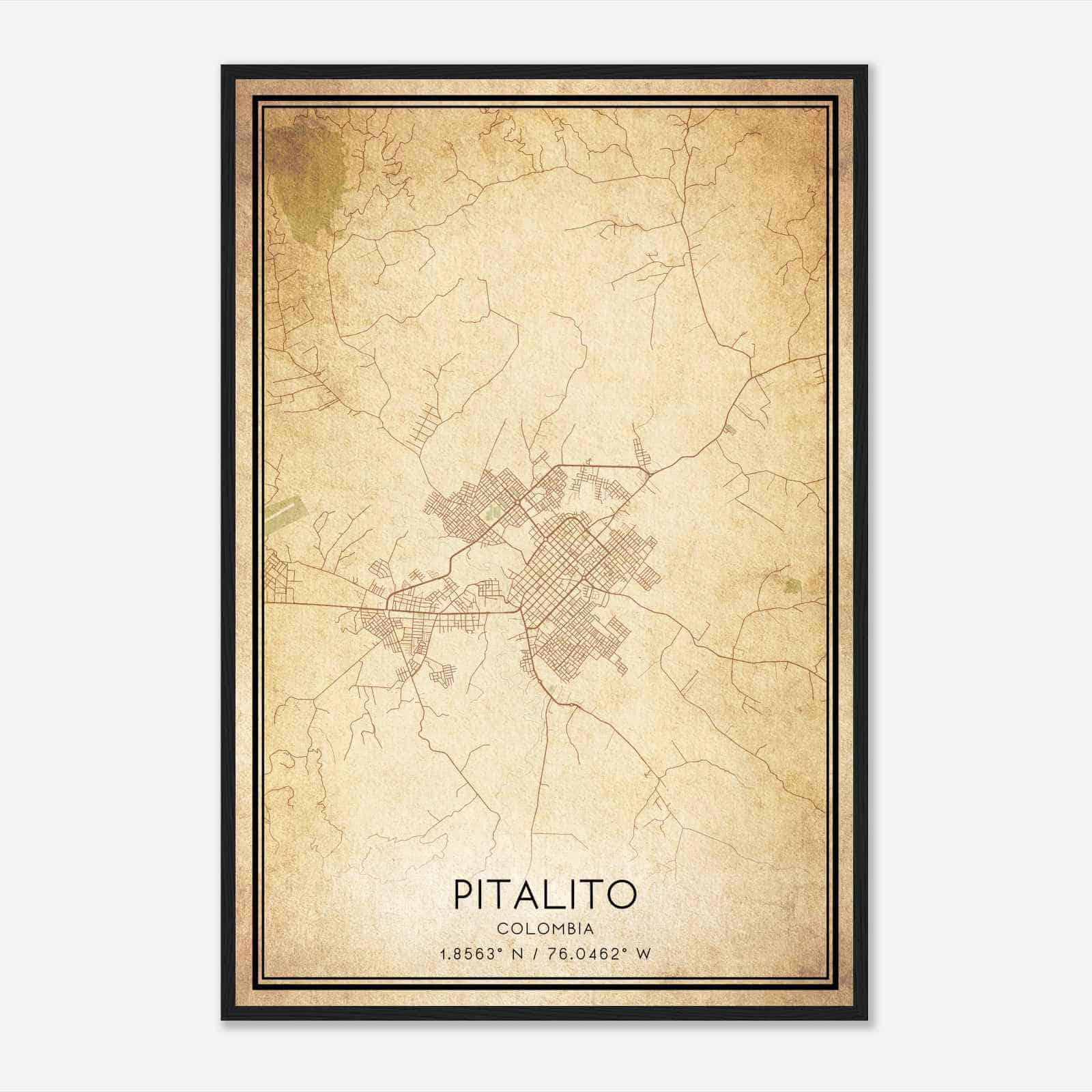 Vintage Pitalito Colombia Map Poster, Pitalito City Road Wall Art Print