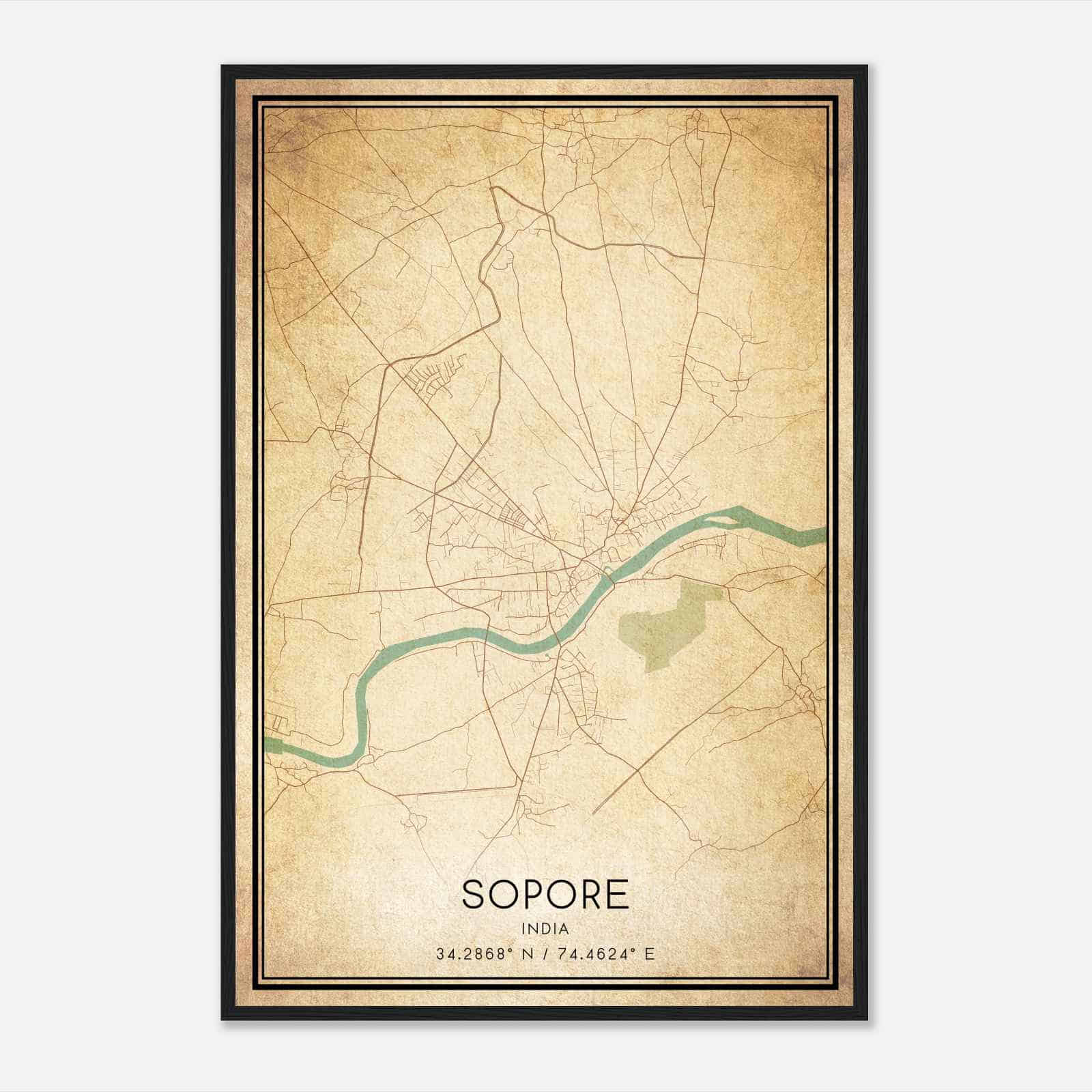 Vintage Sopore India Map Poster, Sopore City Road Wall Art Print