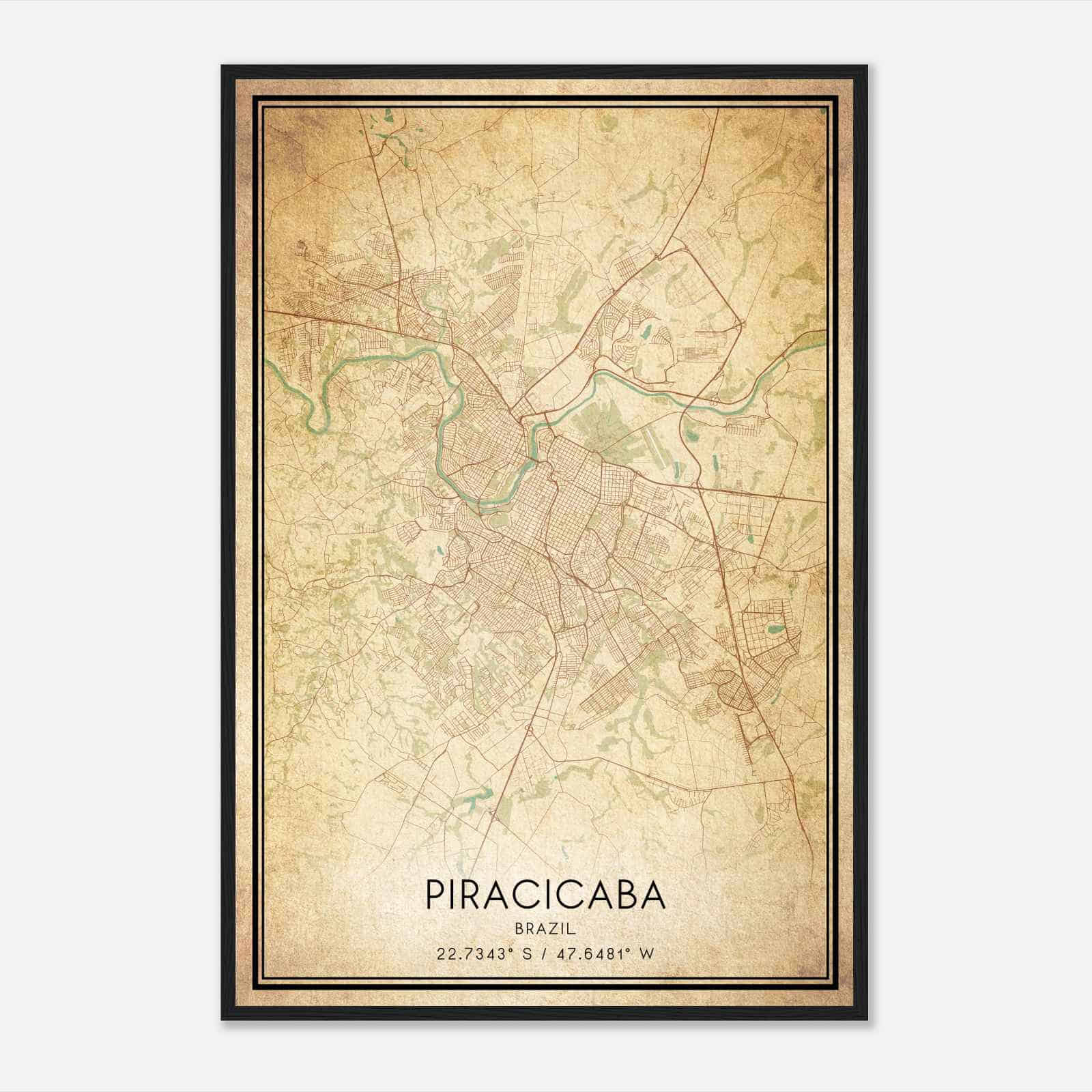 Vintage Piracicaba Brazil Map Poster, Piracicaba City Road Wall Art Print