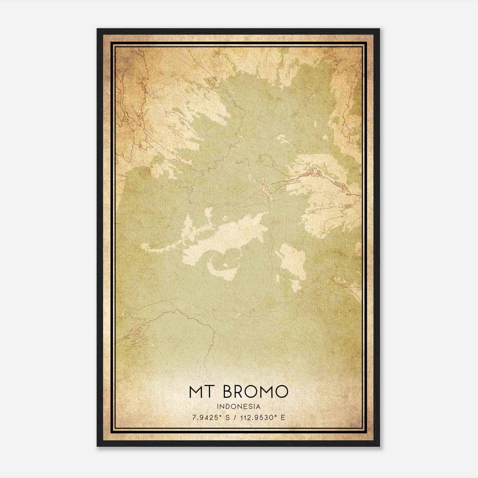 Vintage Mt Bromo Indonesia Map Poster, Mt Bromo City Road Wall Art Print