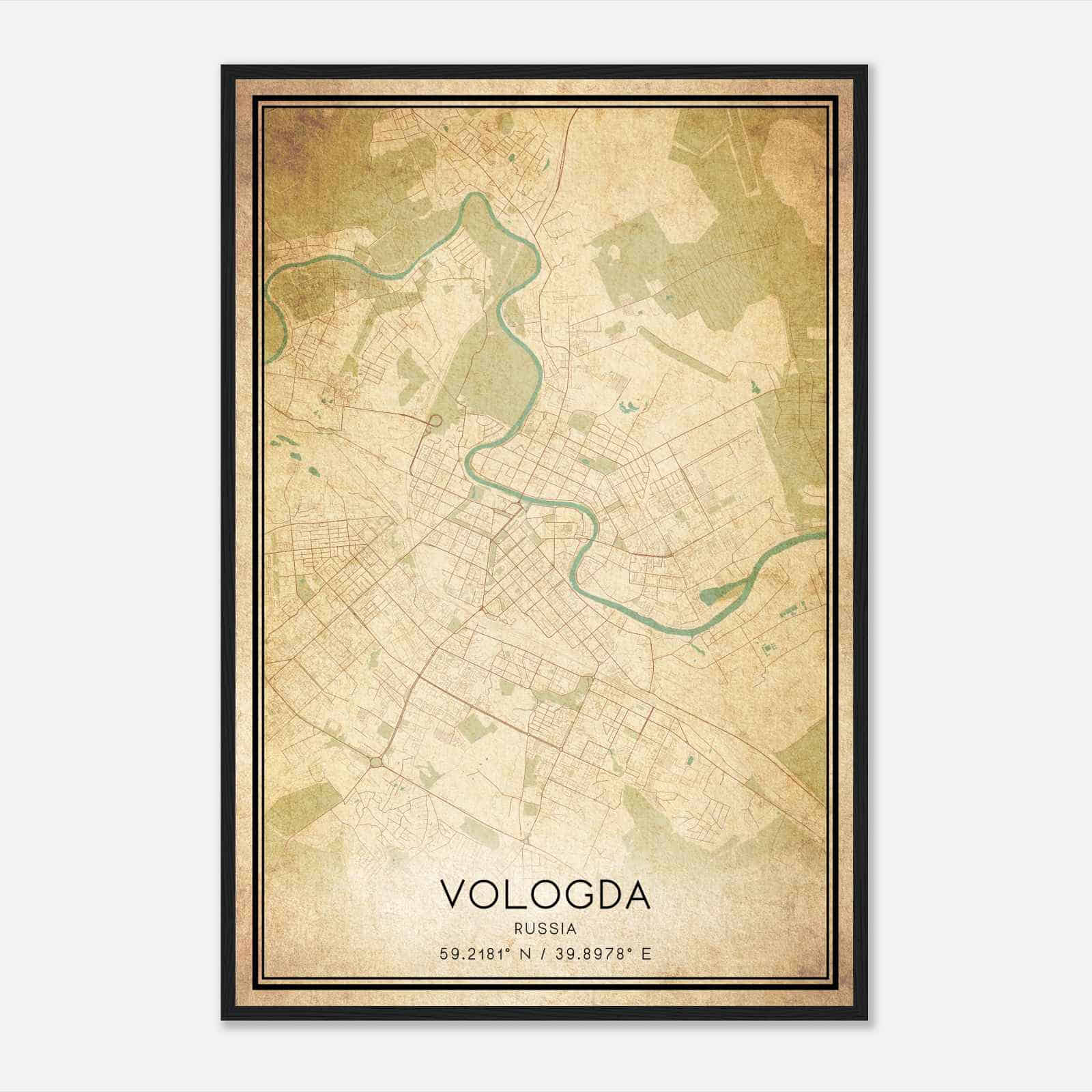 Vintage Vologda Russia Map Poster, Vologda City Road Wall Art Print
