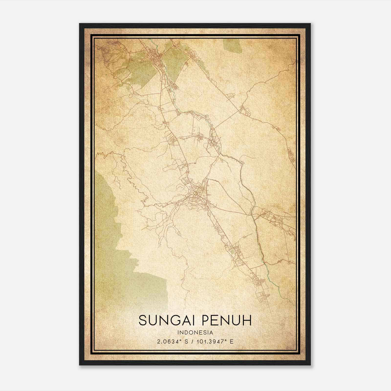 Vintage Sungai Penuh Indonesia Map Poster, Sungai Penuh City Road Wall Art Print