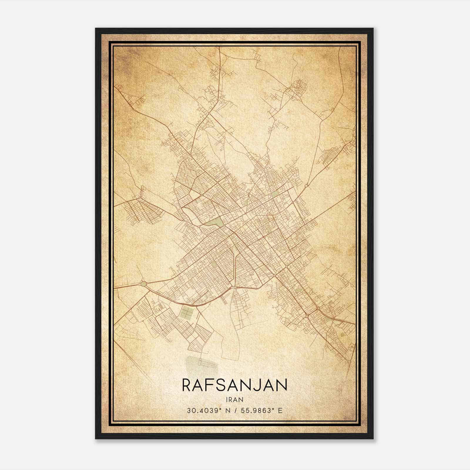 Vintage Rafsanjan Iran Map Poster, Rafsanjan City Road Wall Art Print
