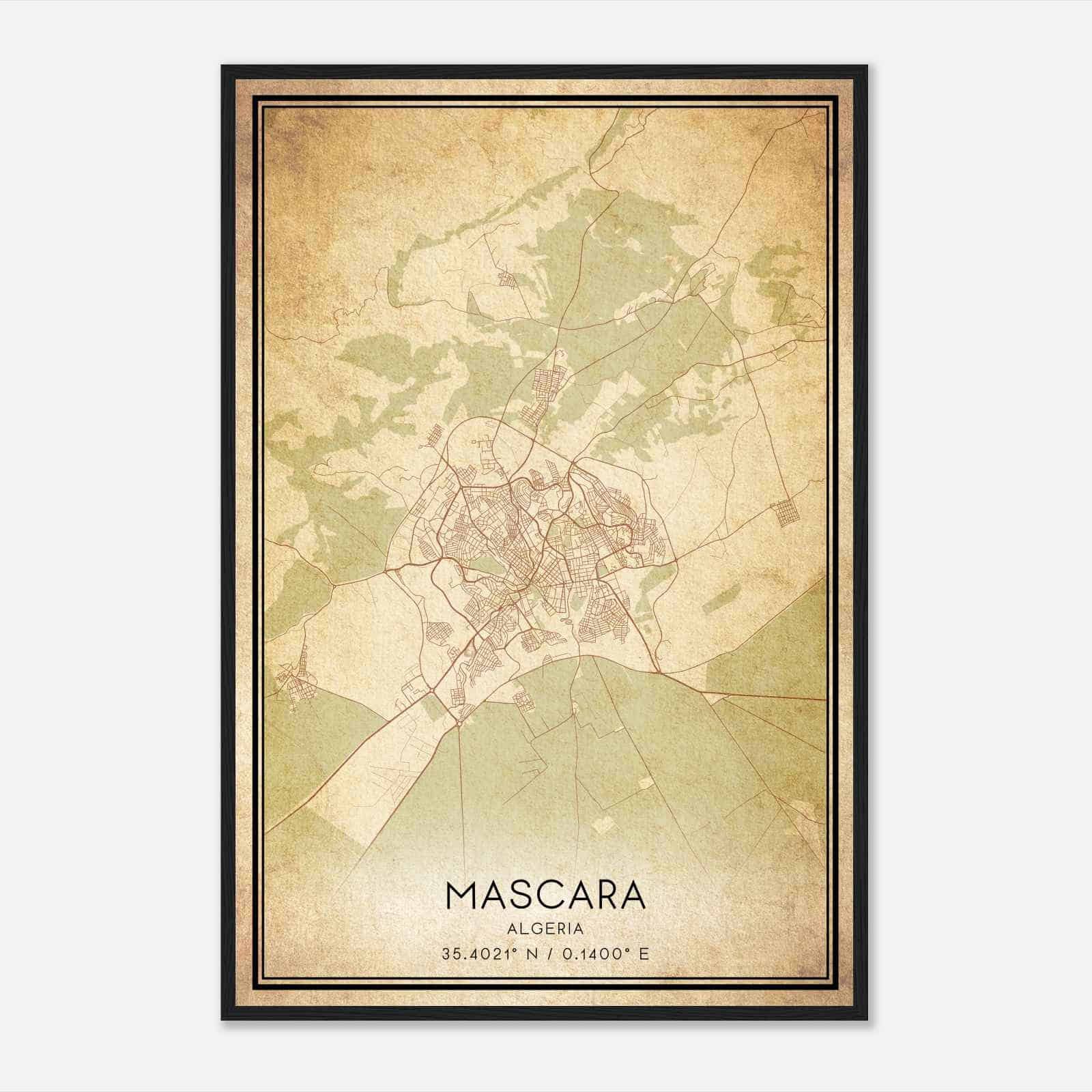 Vintage Mascara Algeria Map Poster, Mascara City Road Wall Art Print