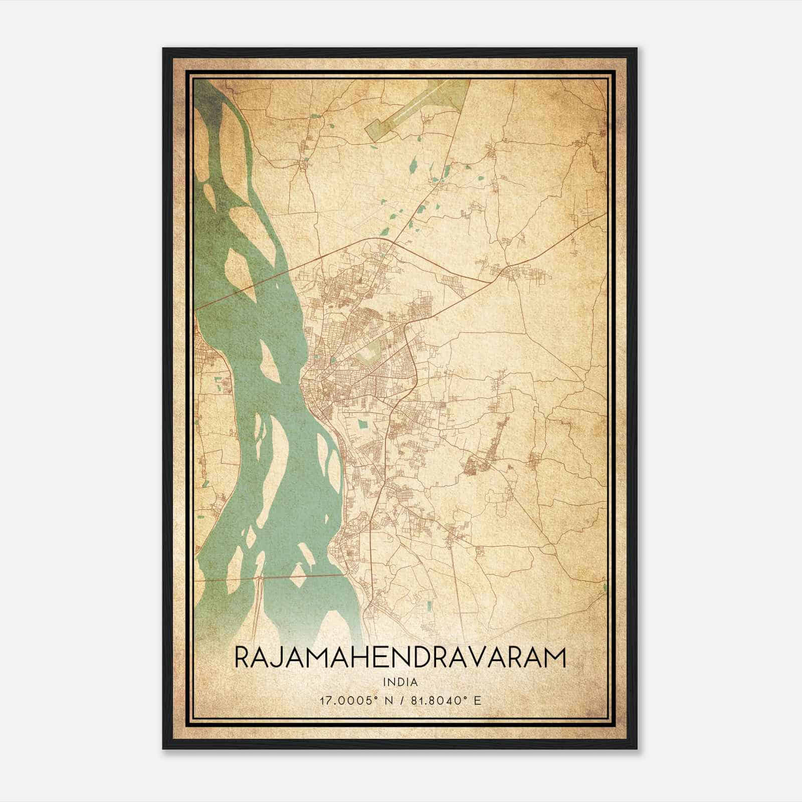 Vintage Rajamahendravaram India Map Poster, Rajamahendravaram City Road Wall Art Print