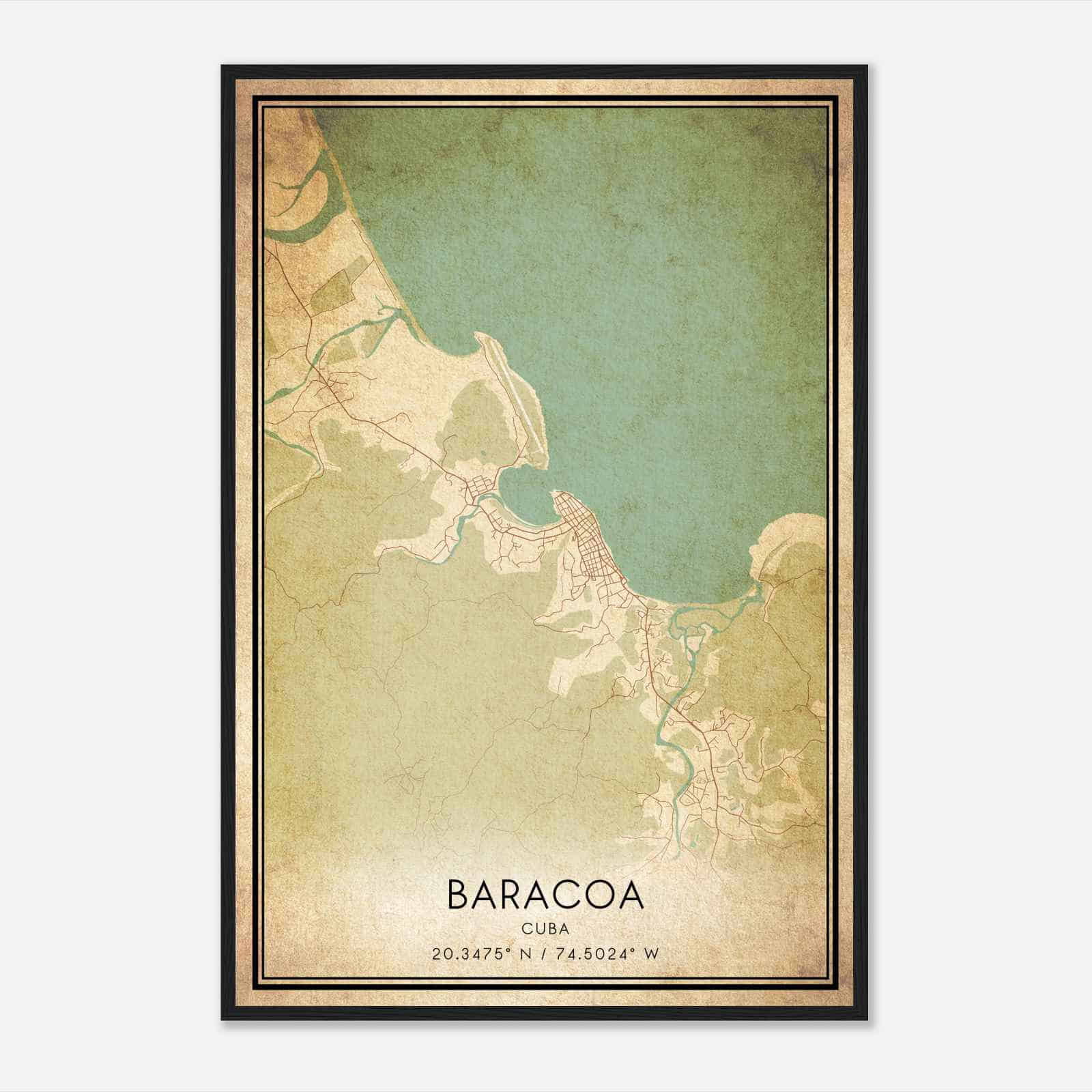 Vintage Baracoa Cuba Map Poster, Baracoa City Road Wall Art Print