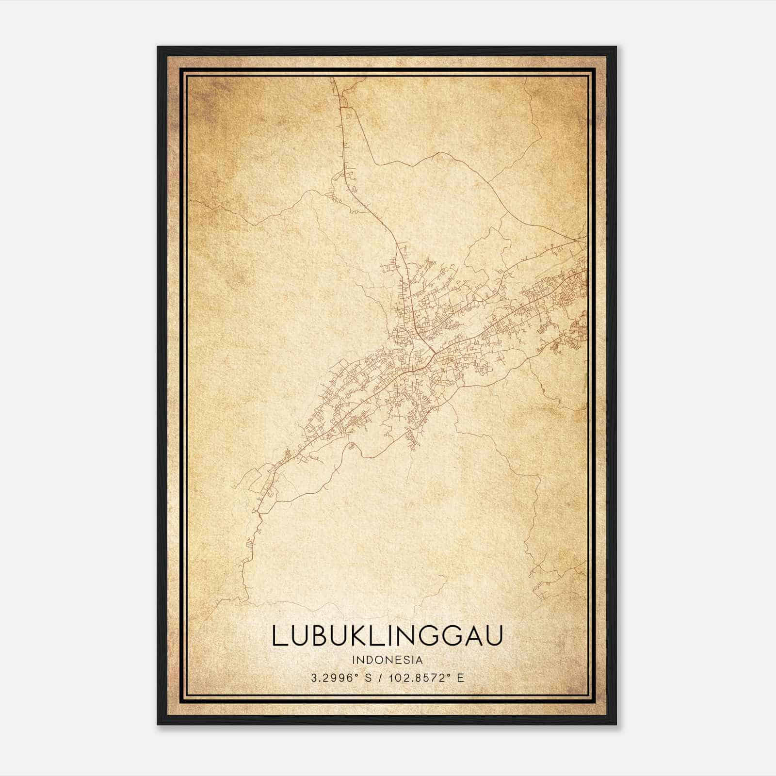 Vintage Lubuklinggau Indonesia Map Poster, Lubuklinggau City Road Wall Art Print