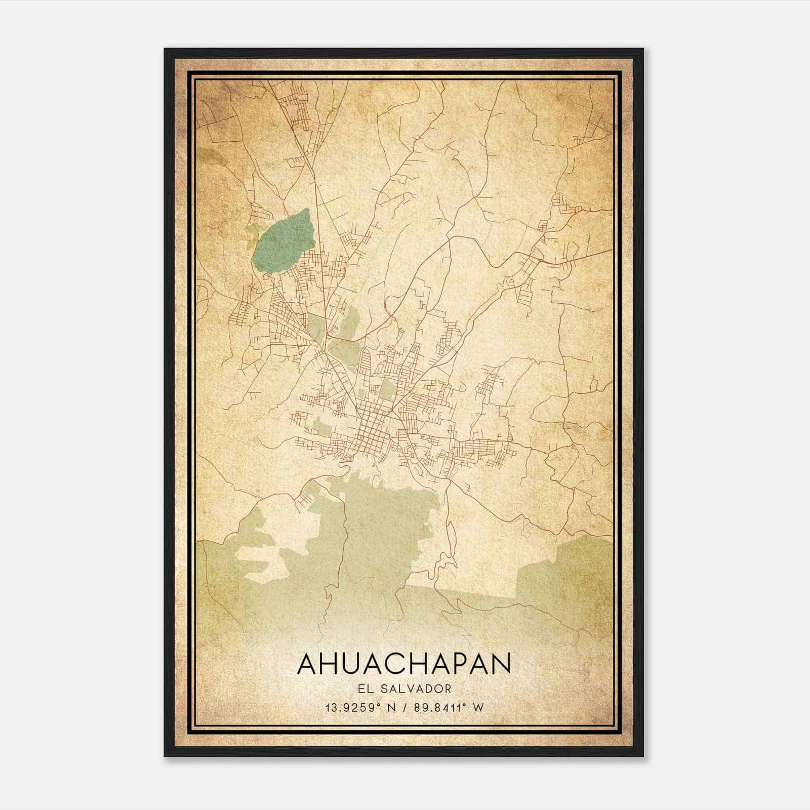 Vintage Ahuachapan El Salvador Map Poster, Ahuachapan City Road Wall Art Print