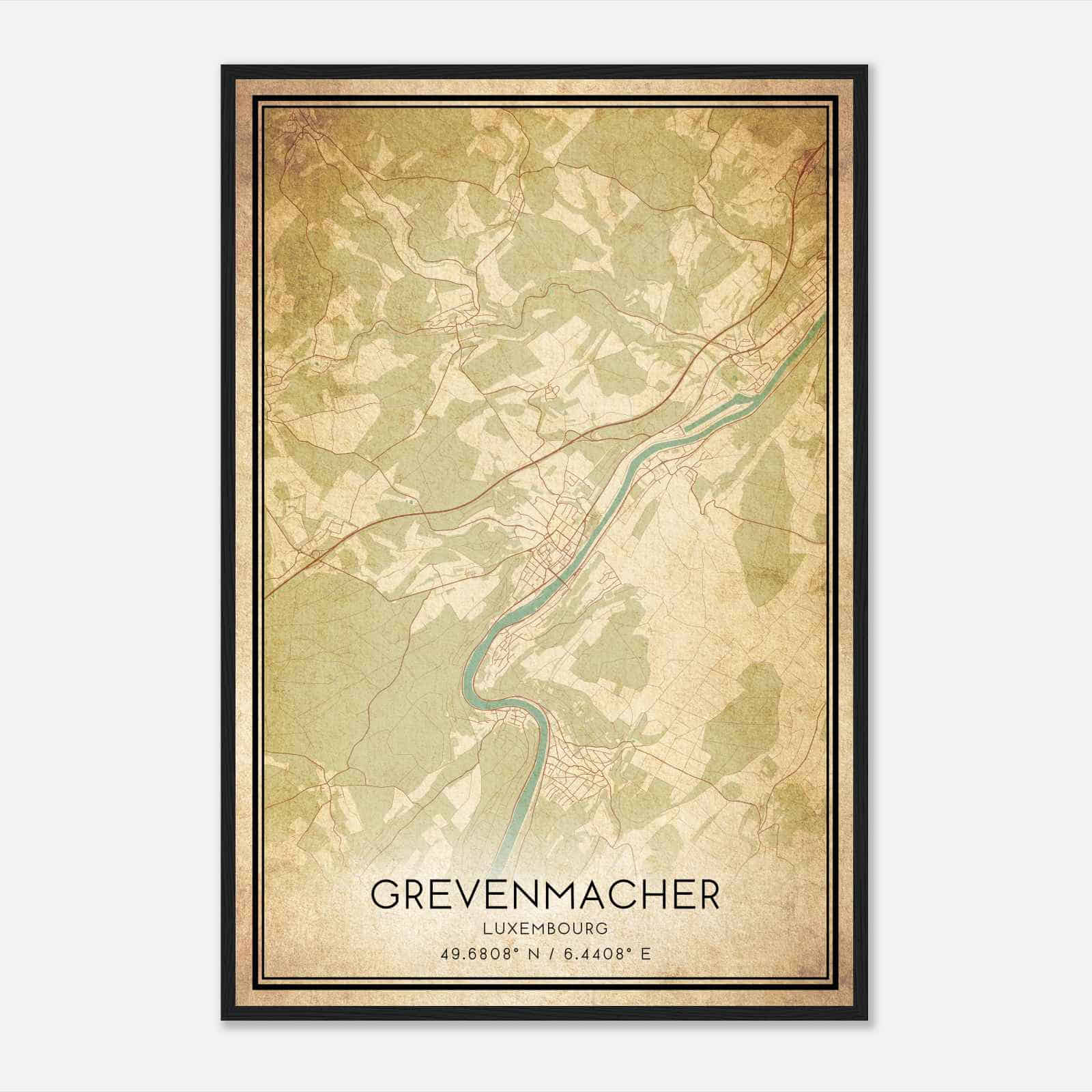 Vintage Grevenmacher Luxembourg Map Poster, Grevenmacher City Road Wall Art Print