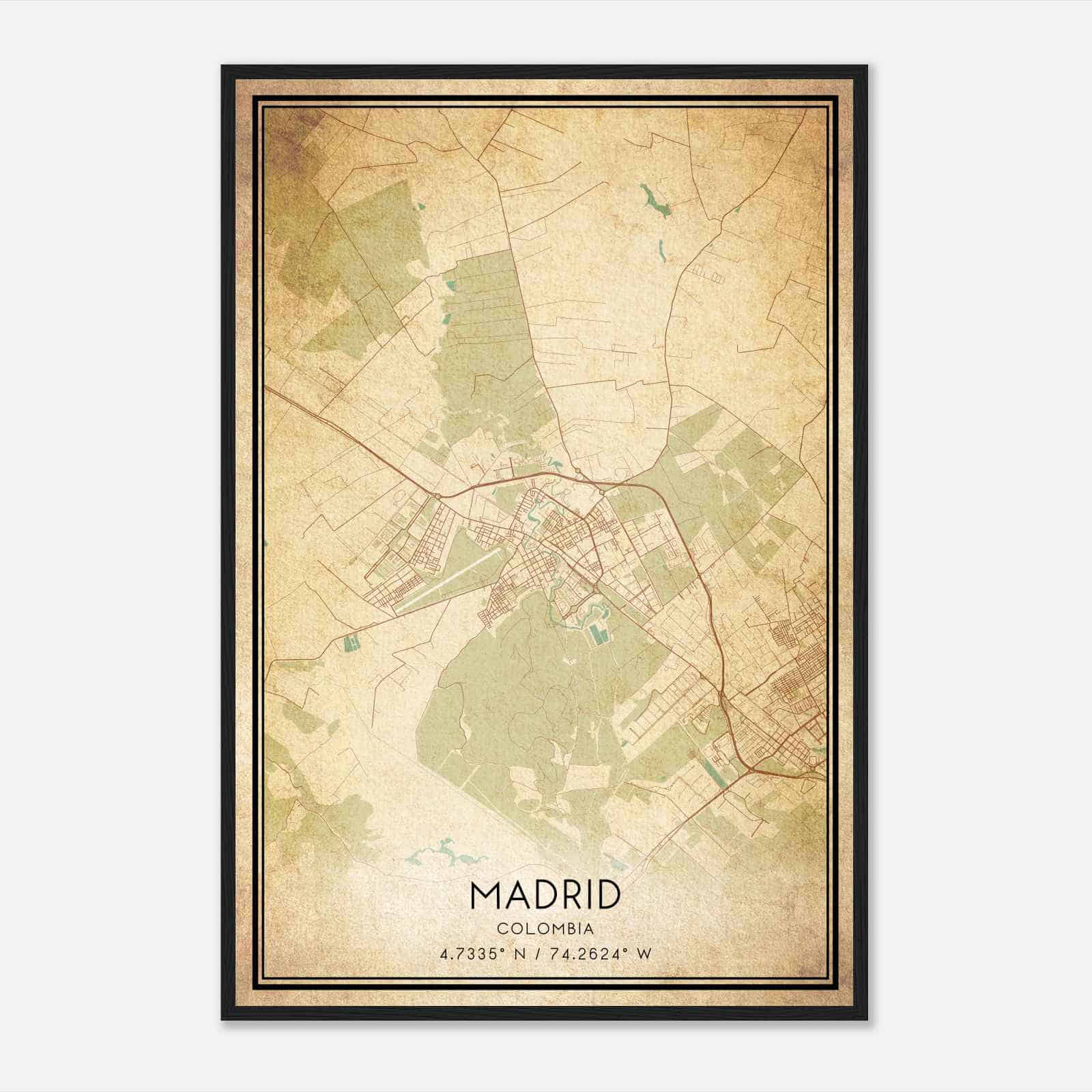 Vintage Madrid Colombia Map Poster, Madrid City Road Wall Art Print