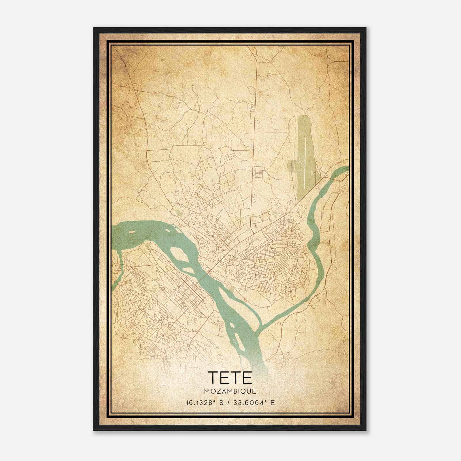 Vintage Tete Mozambique Map Poster, Tete City Road Wall Art Print
