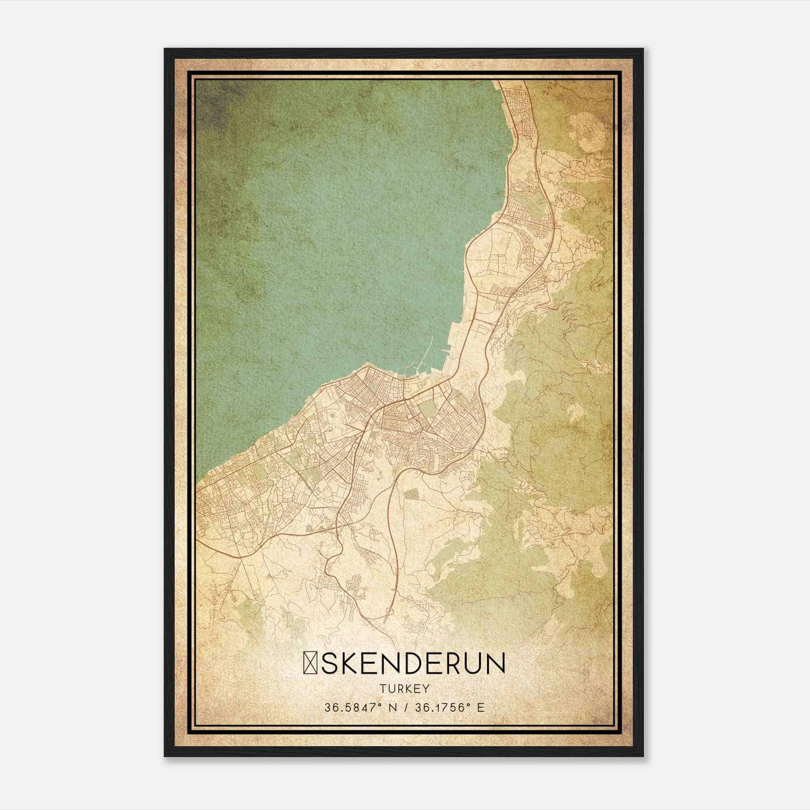 Vintage Iskenderun Turkey Map Poster, Iskenderun City Road Wall Art Print