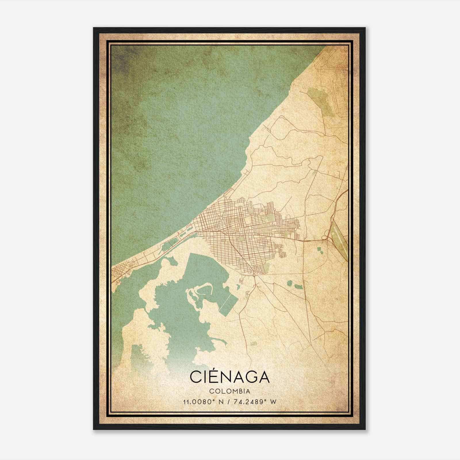 Vintage Cienaga Colombia Map Poster, Cienaga City Road Wall Art Print