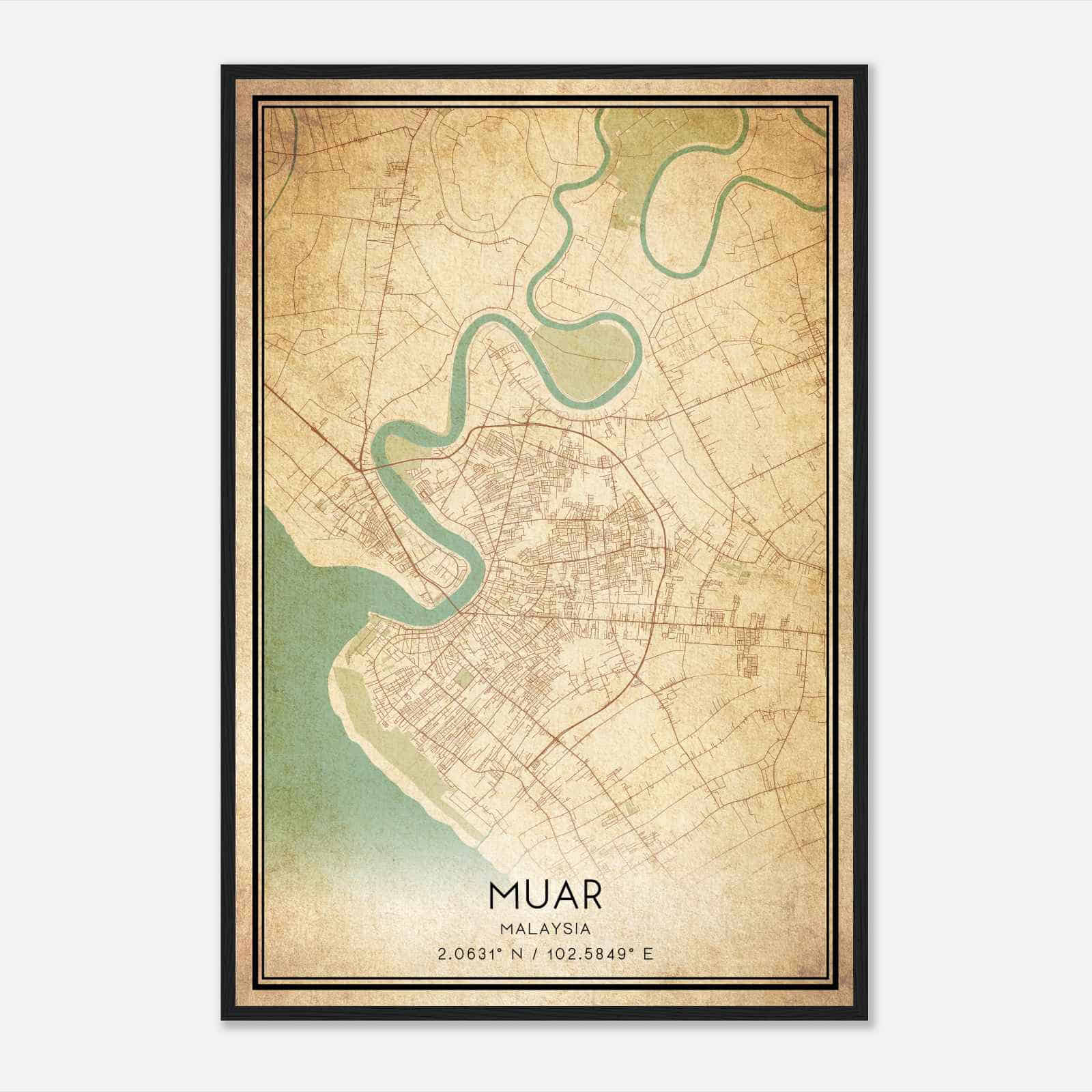 Vintage Muar Malaysia Map Poster, Muar City Road Wall Art Print