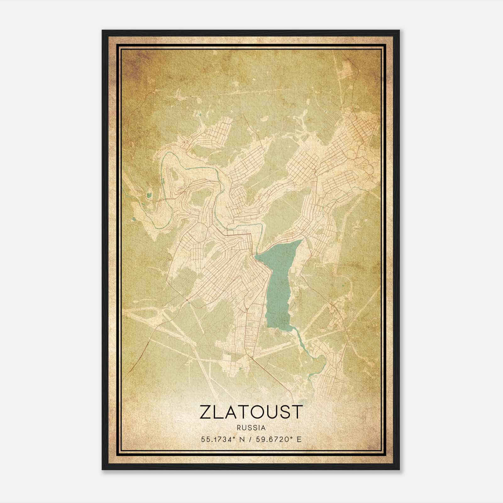 Vintage Zlatoust Russia Map Poster, Zlatoust City Road Wall Art Print