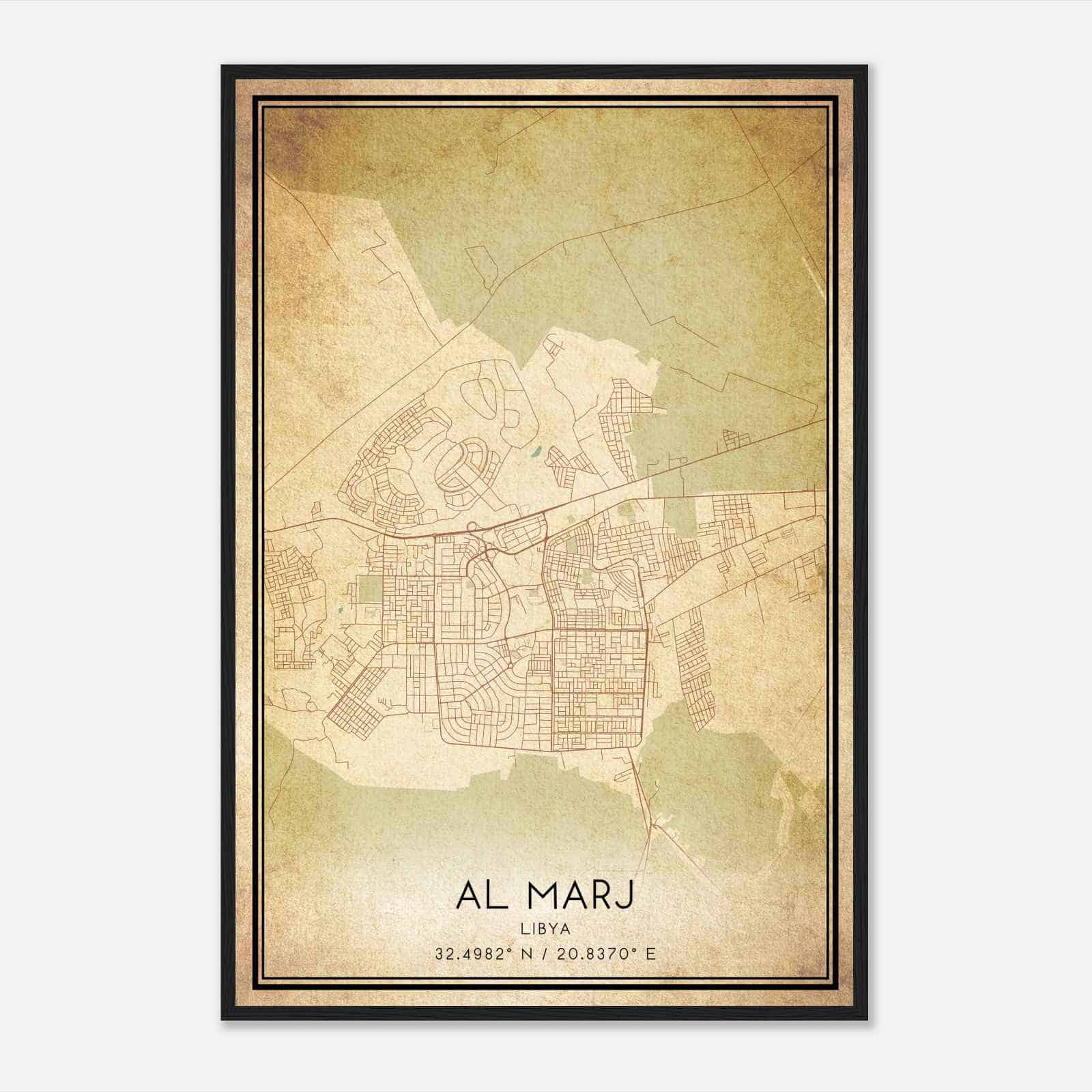 Vintage Al Marj Libya Map Poster, Al Marj City Road Wall Art Print