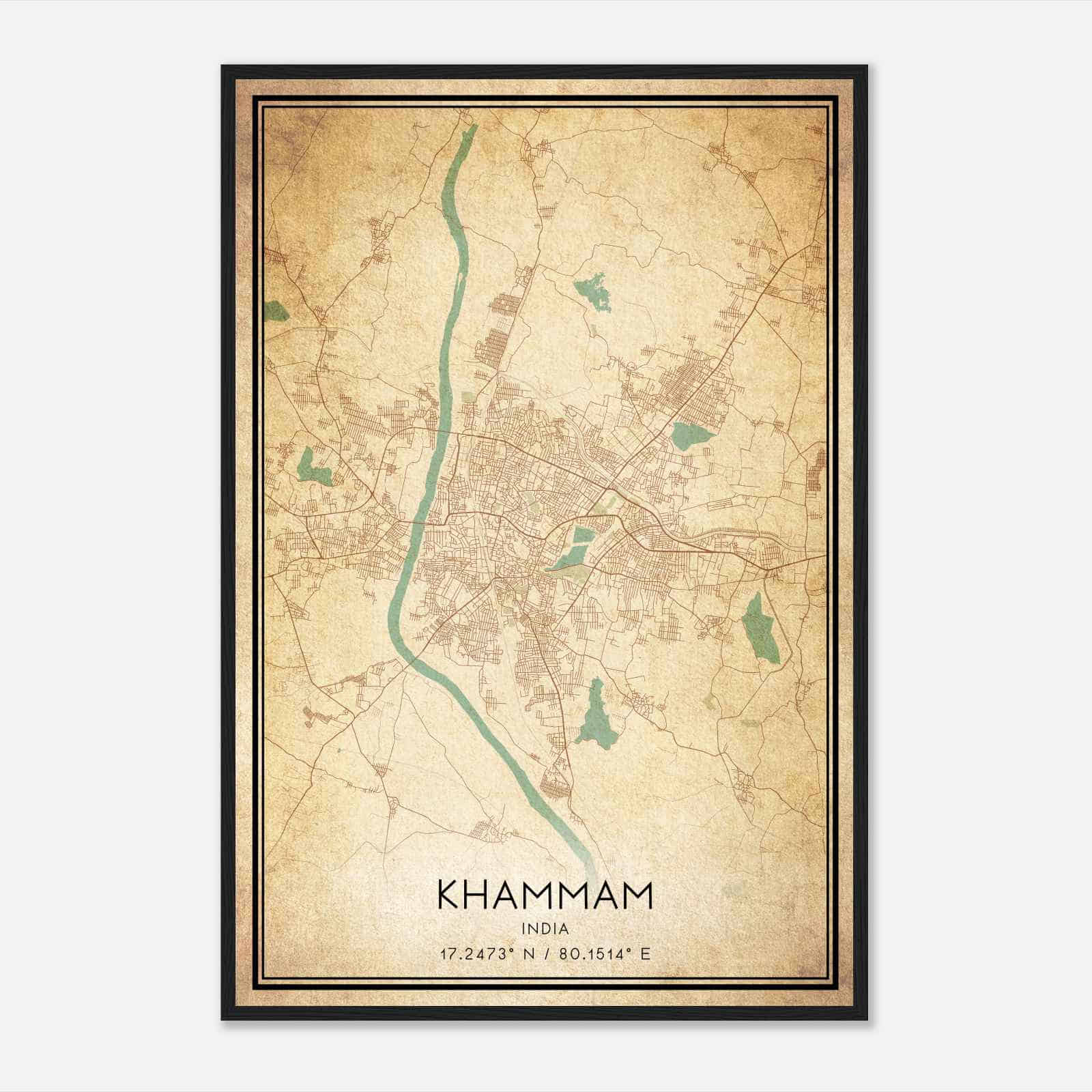 Vintage Khammam India Map Poster, Khammam City Road Wall Art Print