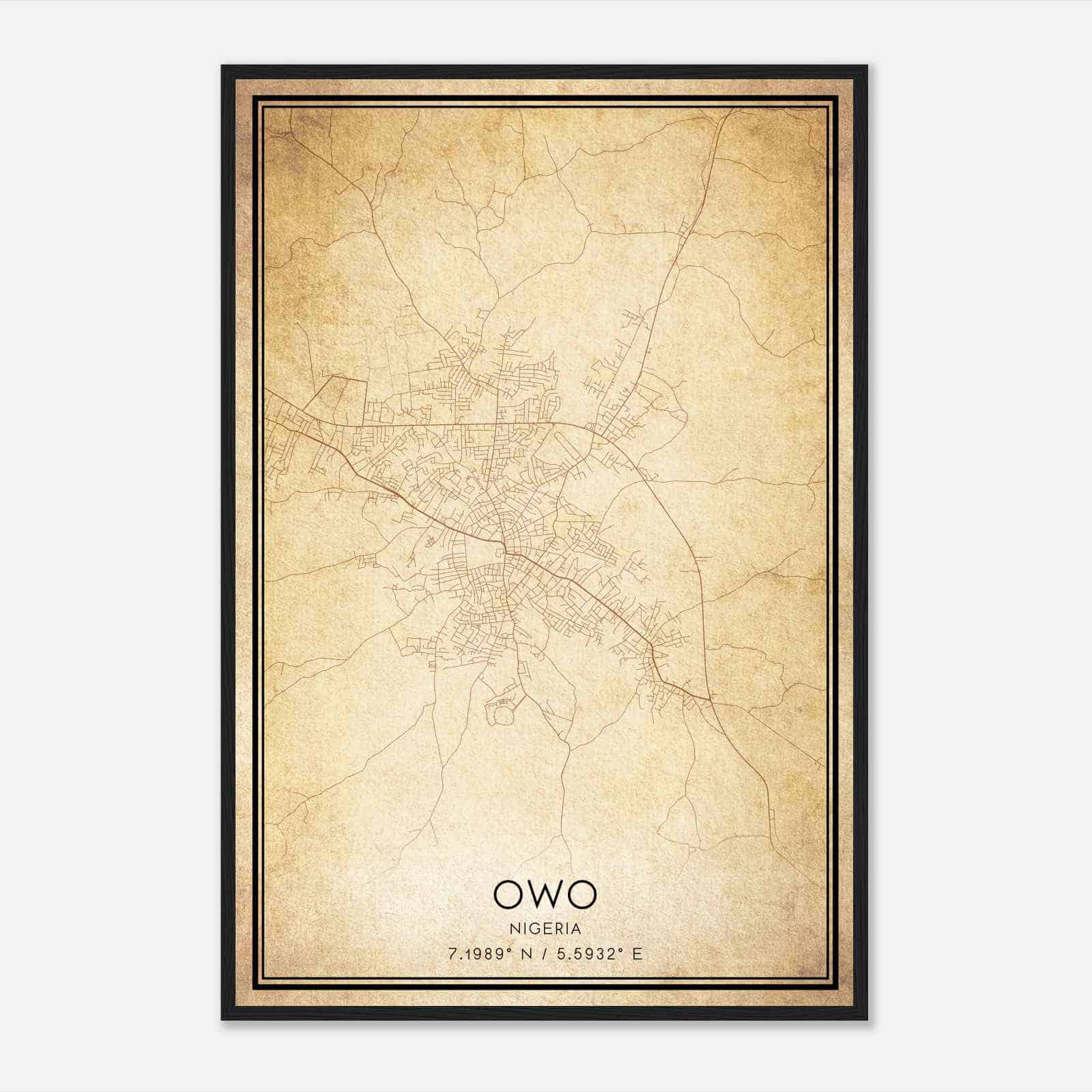 Vintage Owo Nigeria Map Poster, Owo City Road Wall Art Print