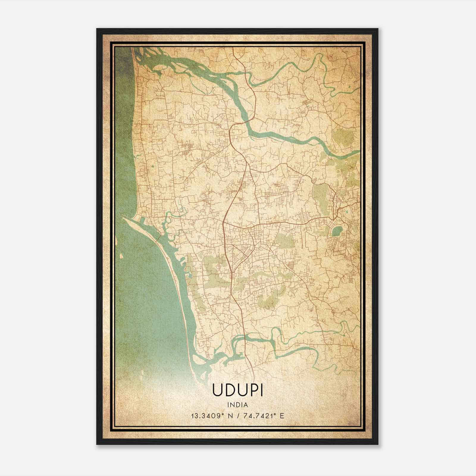 Vintage Udupi India Map Poster, Udupi City Road Wall Art Print