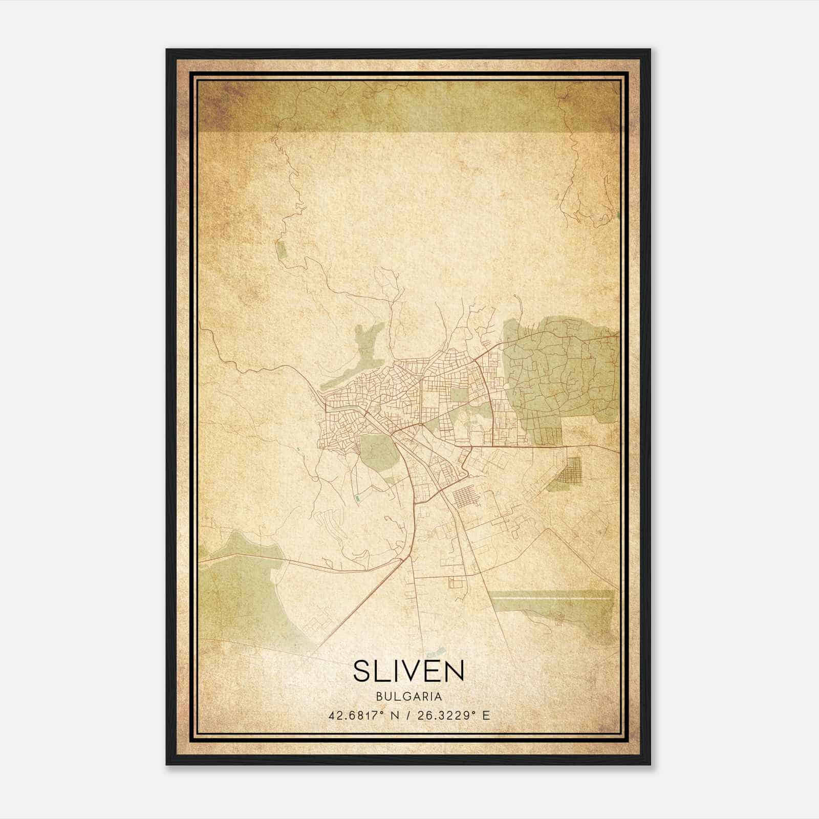 Vintage Sliven Bulgaria Map Poster, Sliven City Road Wall Art Print