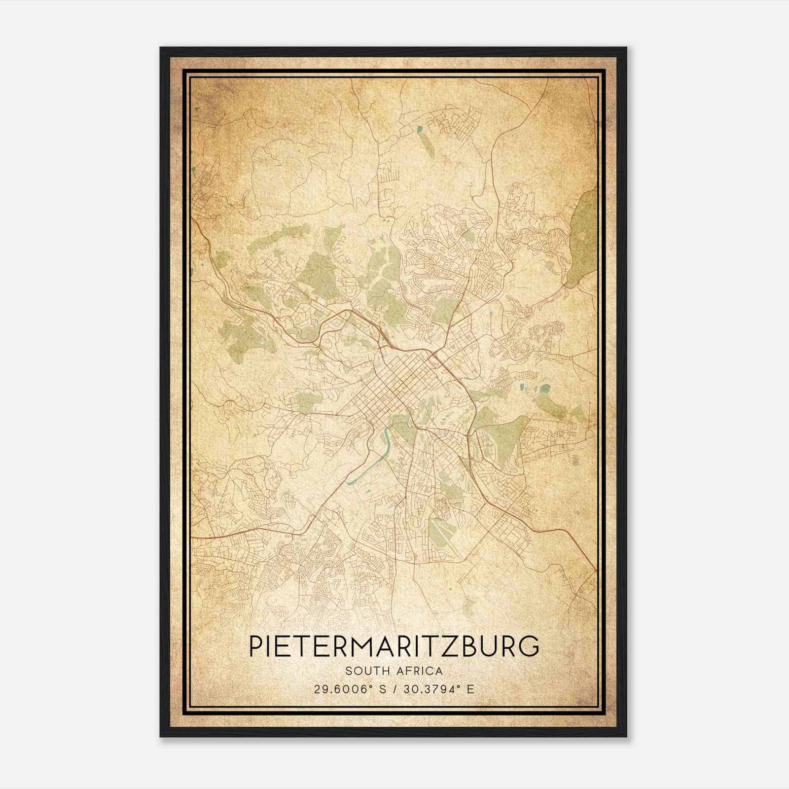 Vintage Pietermaritzburg South Africa Map Poster, Pietermaritzburg City Road Wall Art Print