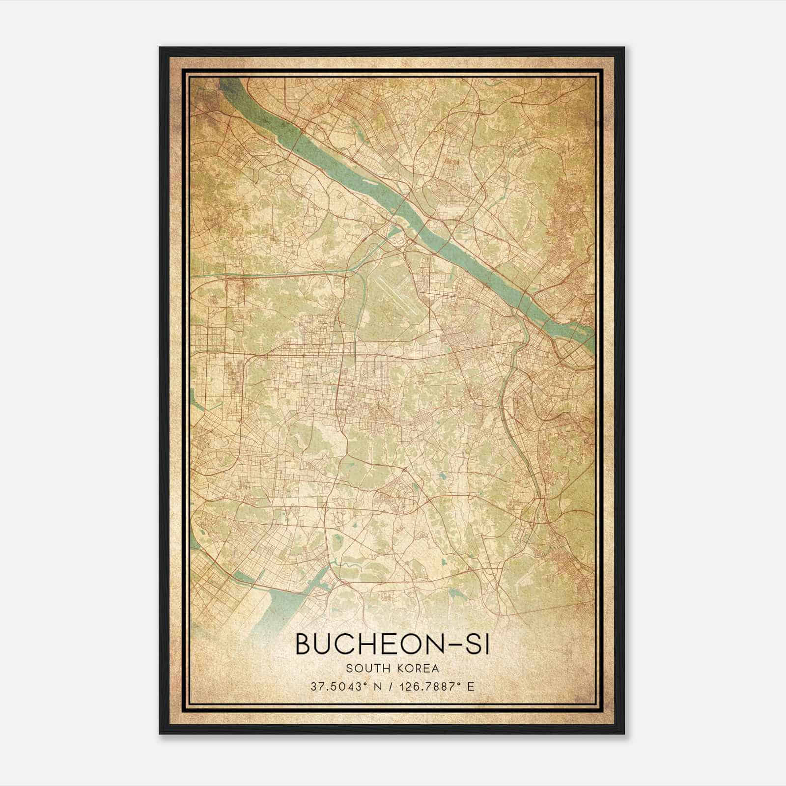 Vintage Bucheonsi South Korea Map Poster, Bucheonsi City Road Wall Art Print