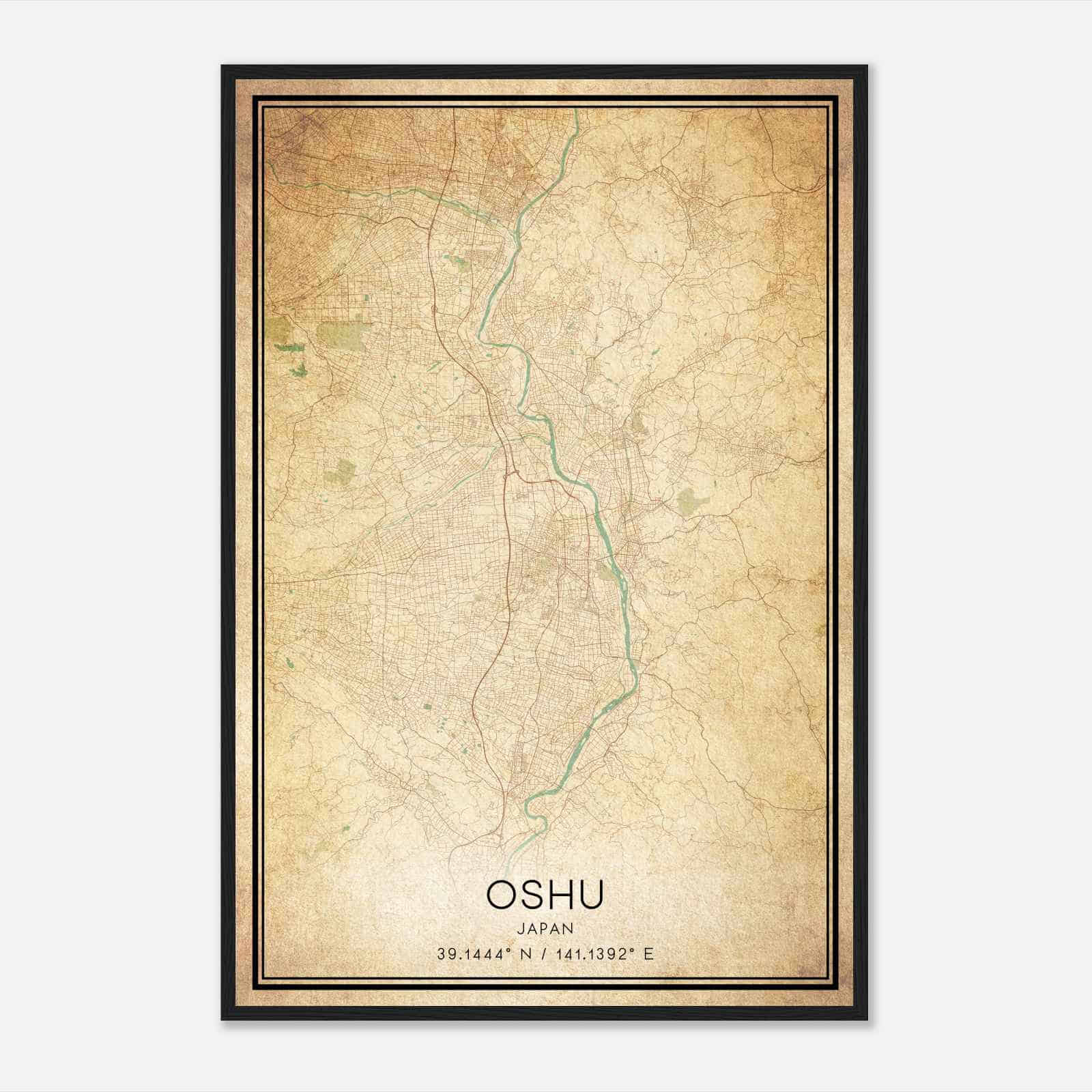 Vintage Oshu Japan Map Poster, Oshu City Road Wall Art Print