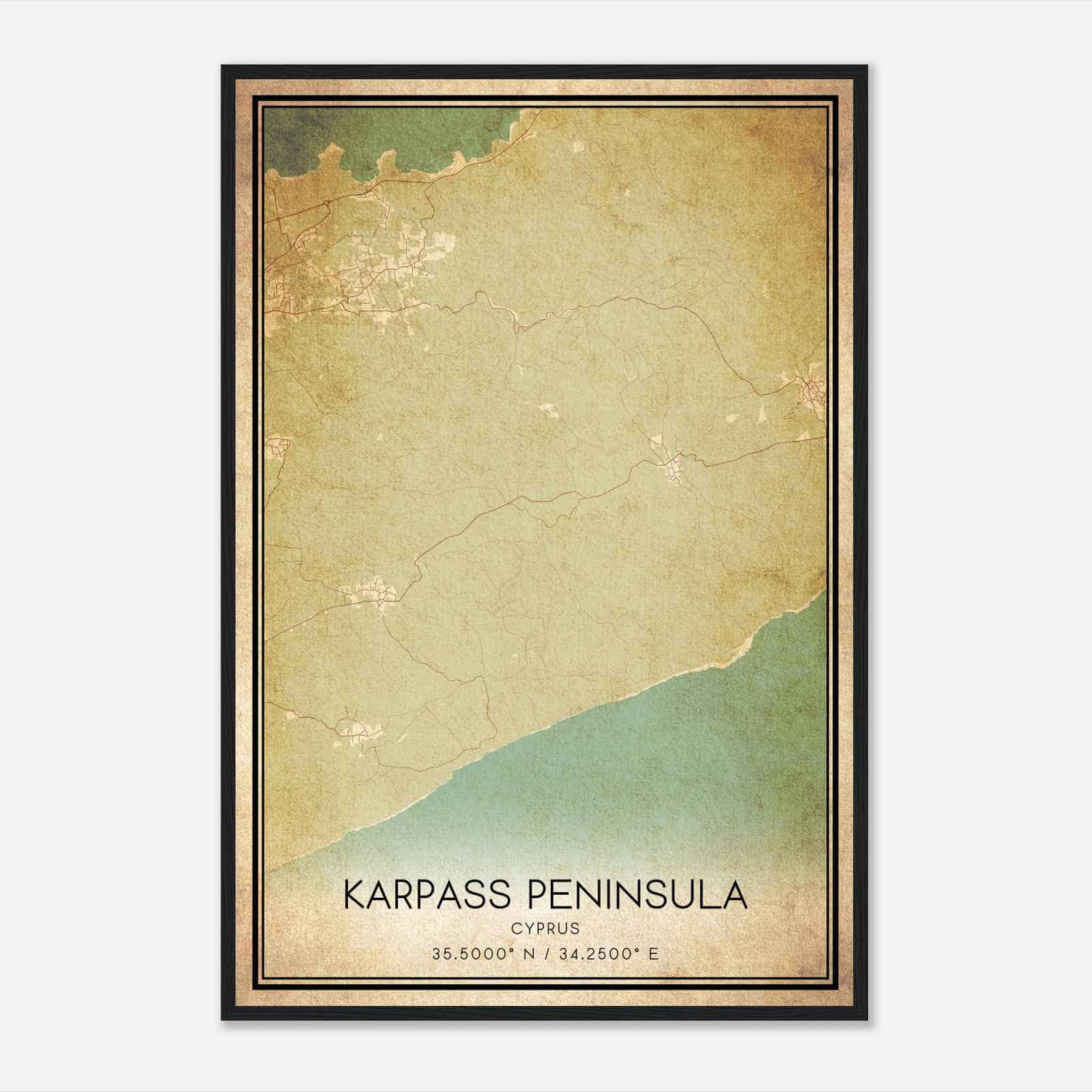 Vintage Karpass Peninsula Cyprus Map Poster, Karpass Peninsula City Road Wall Art Print