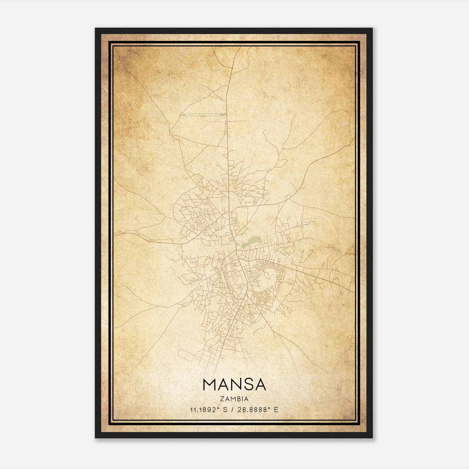 Vintage Mansa Zambia Map Poster, Mansa City Road Wall Art Print