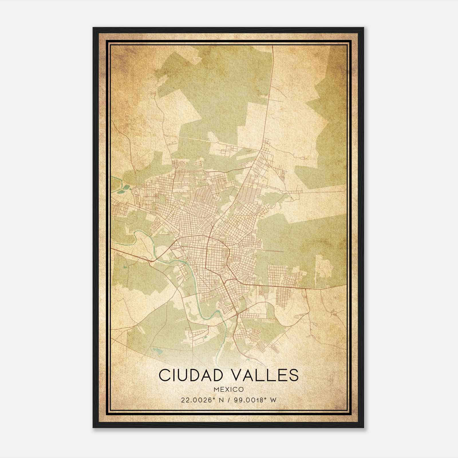 Vintage Ciudad Valles Mexico Map Poster, Ciudad Valles City Road Wall Art Print
