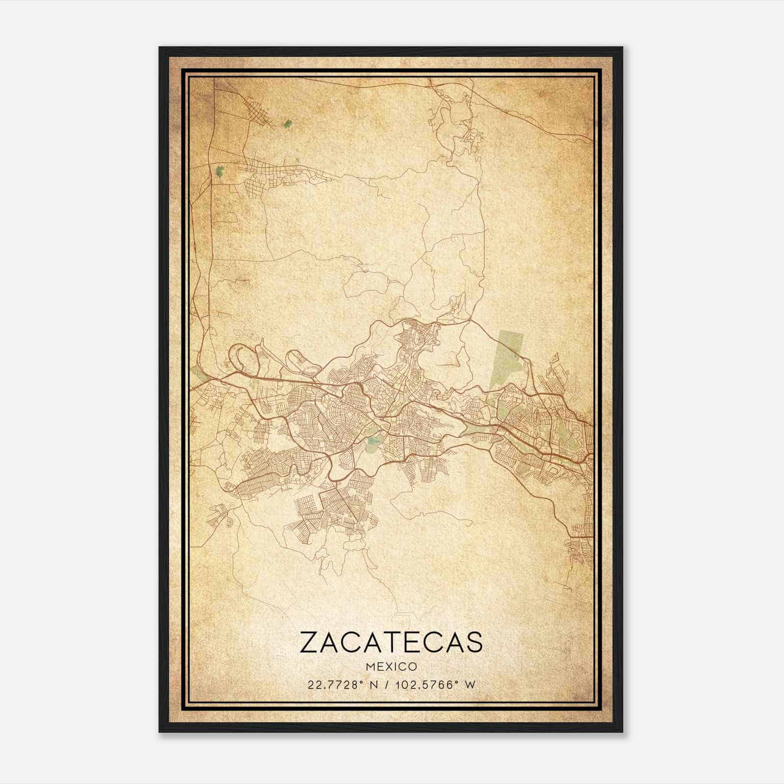 Vintage Zacatecas Mexico Map Poster, Zacatecas City Road Wall Art Print