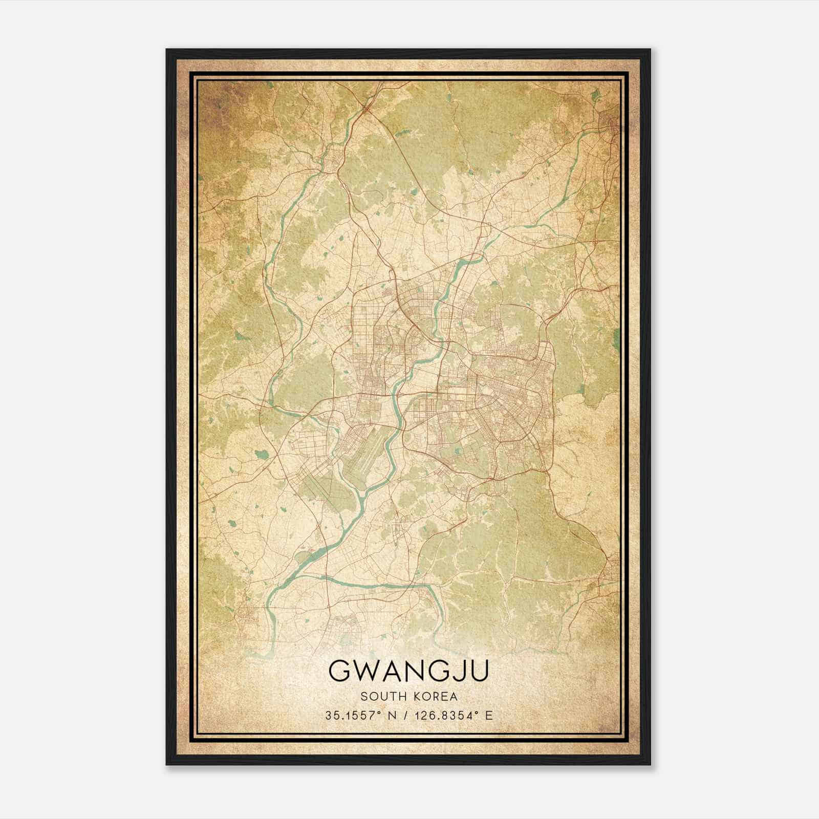 Vintage Gwangju South Korea Map Poster, Gwangju City Road Wall Art Print