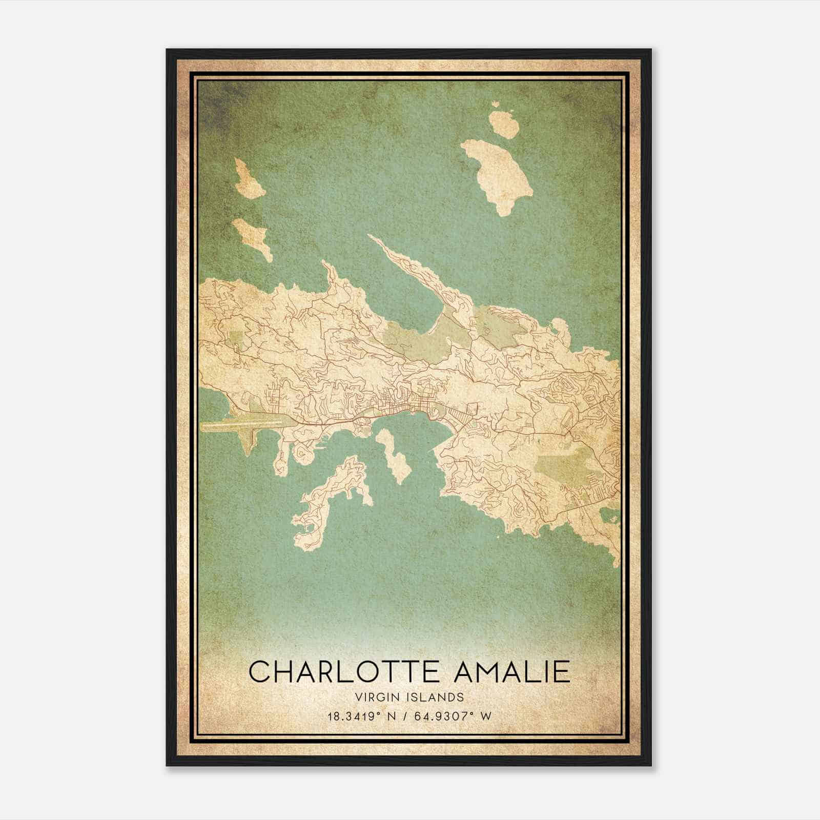 Vintage Charlotte Amalie Virgin Islands Map Poster, Charlotte Amalie City Road Wall Art Print