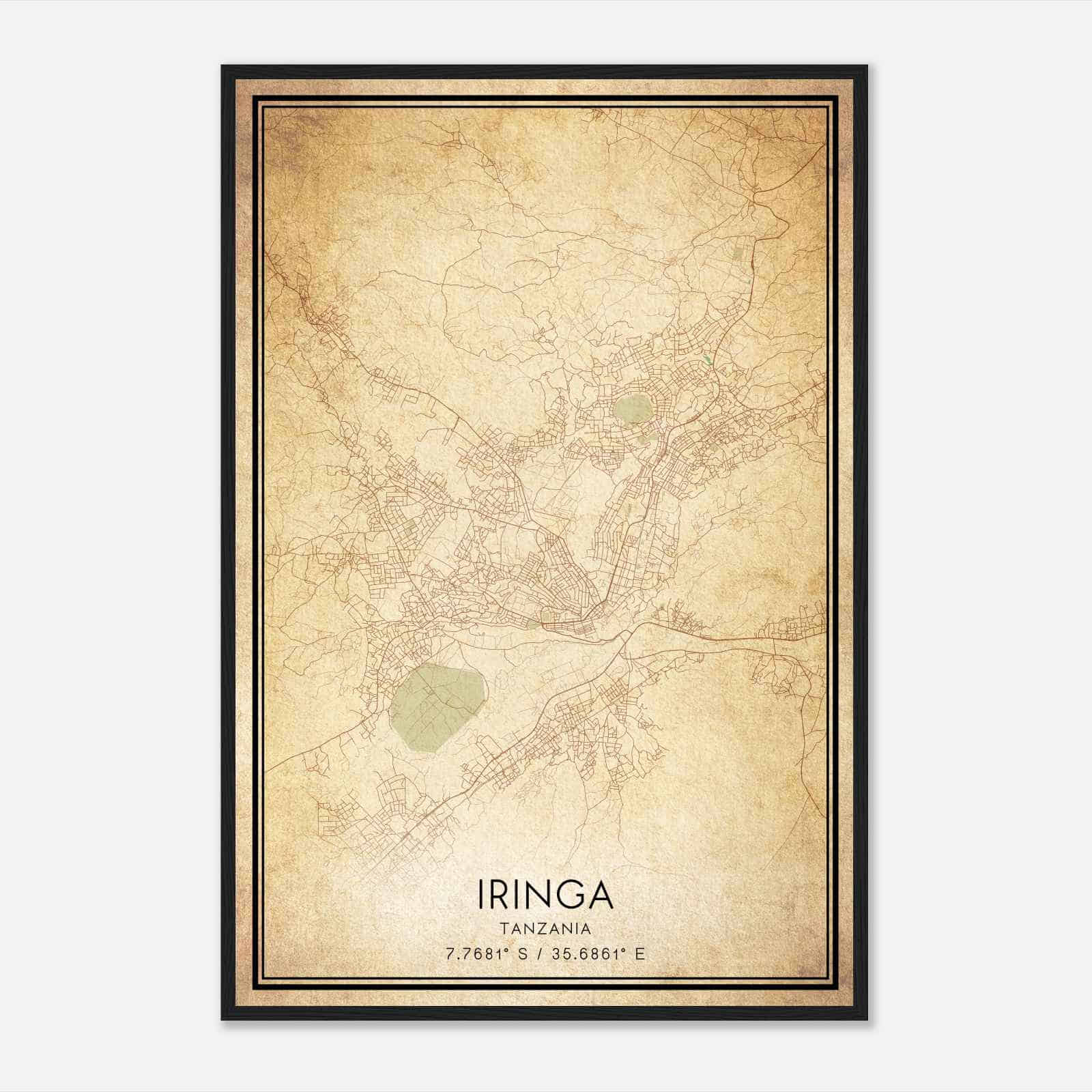 Vintage Iringa Tanzania Map Poster, Iringa City Road Wall Art Print