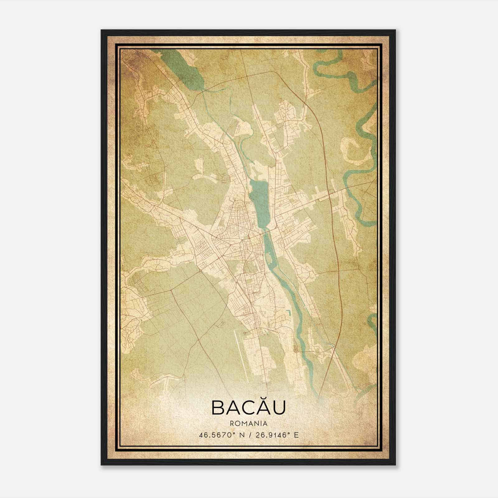 Vintage Bacau Romania Map Poster, Bacau City Road Wall Art Print