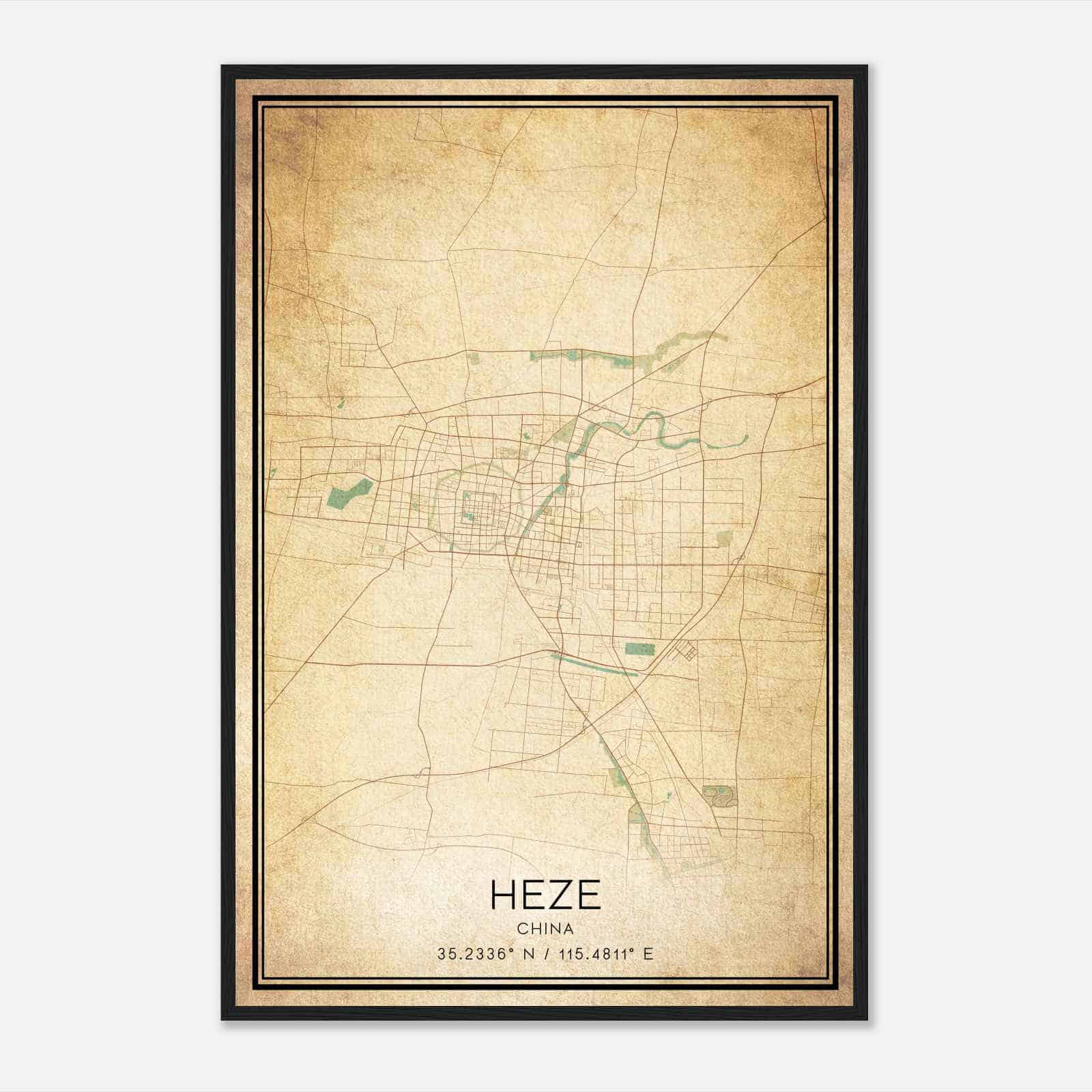 Vintage Heze China Map Poster, Heze City Road Wall Art Print