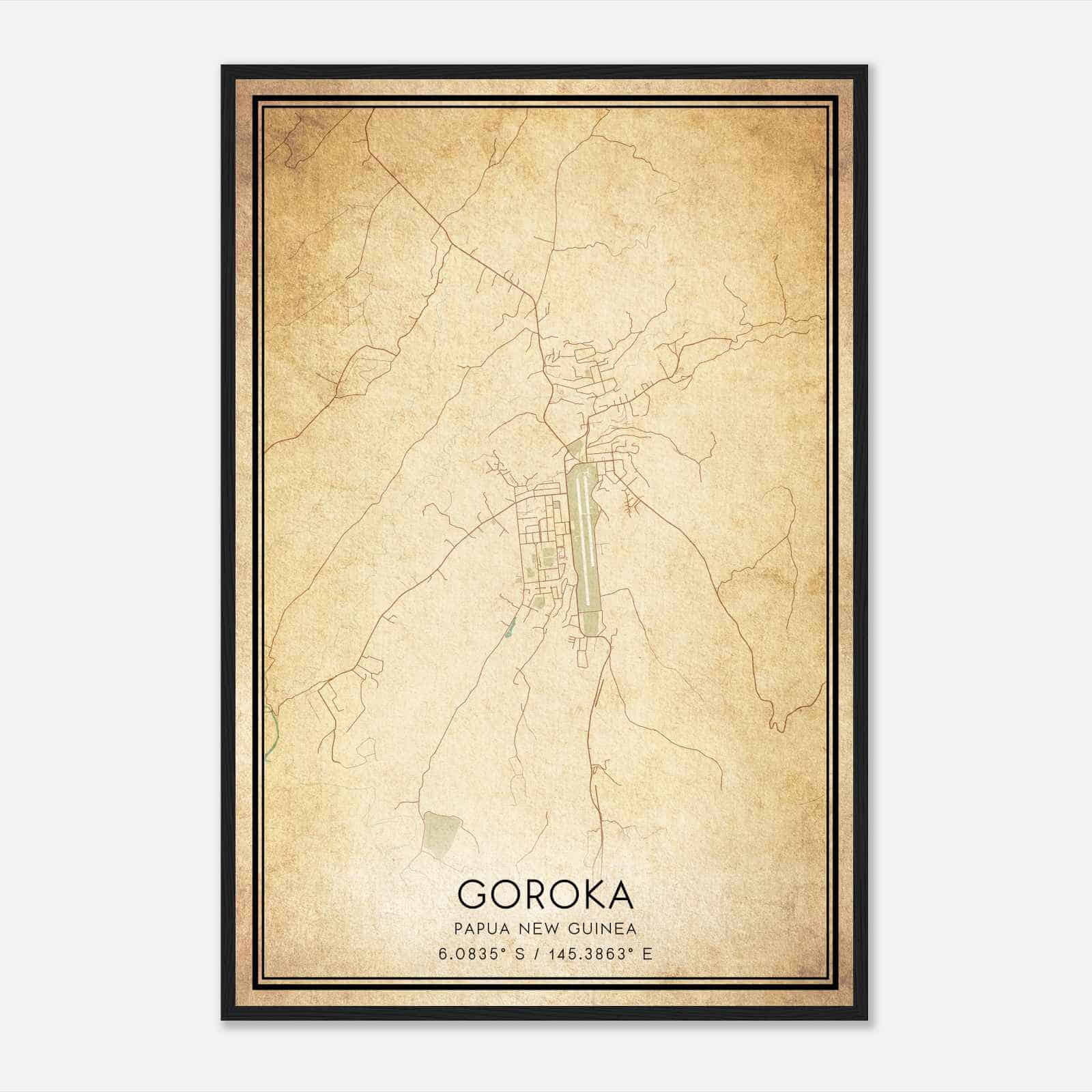 Vintage Goroka Papua New Guinea Map Poster, Goroka City Road Wall Art Print