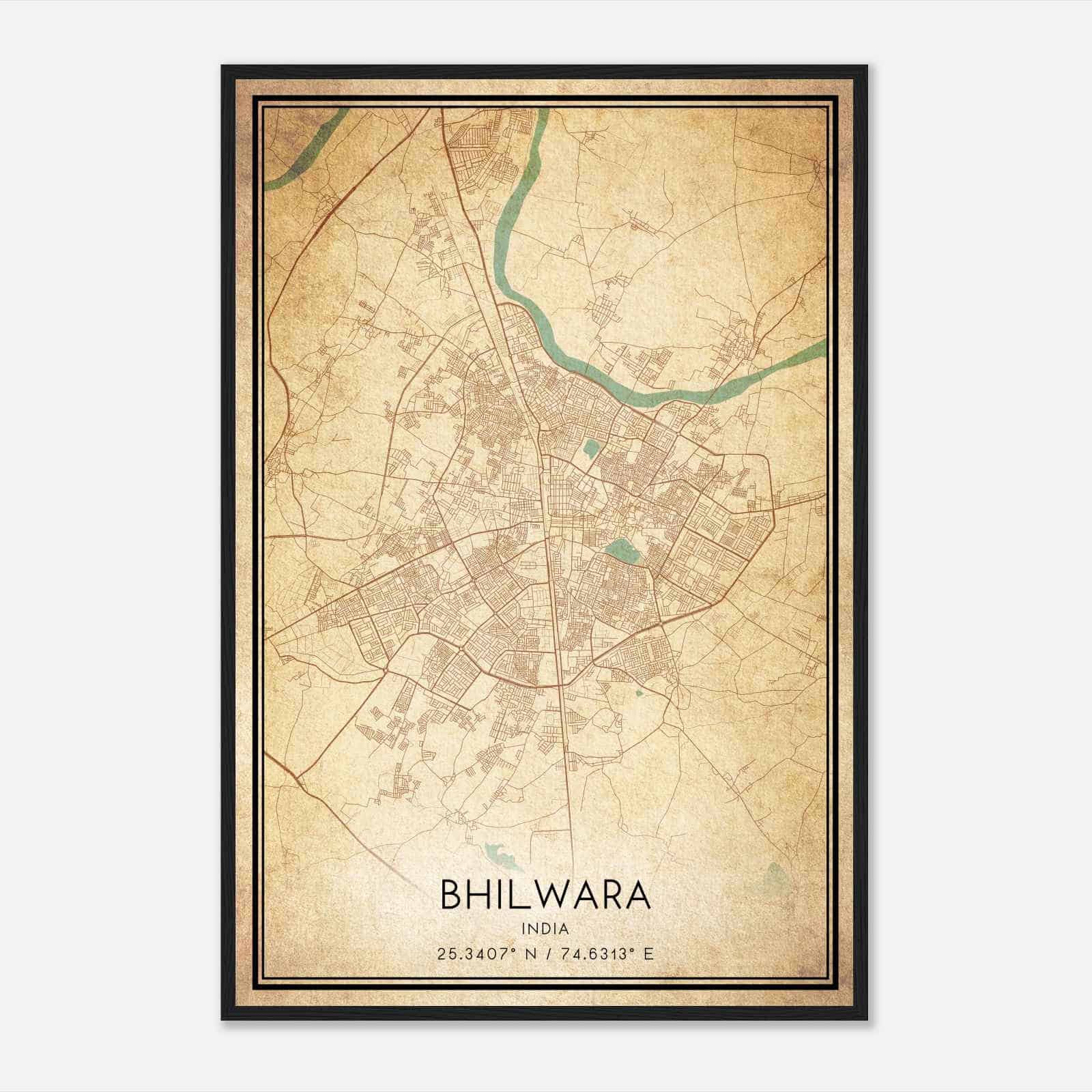 Vintage Bhilwara India Map Poster, Bhilwara City Road Wall Art Print