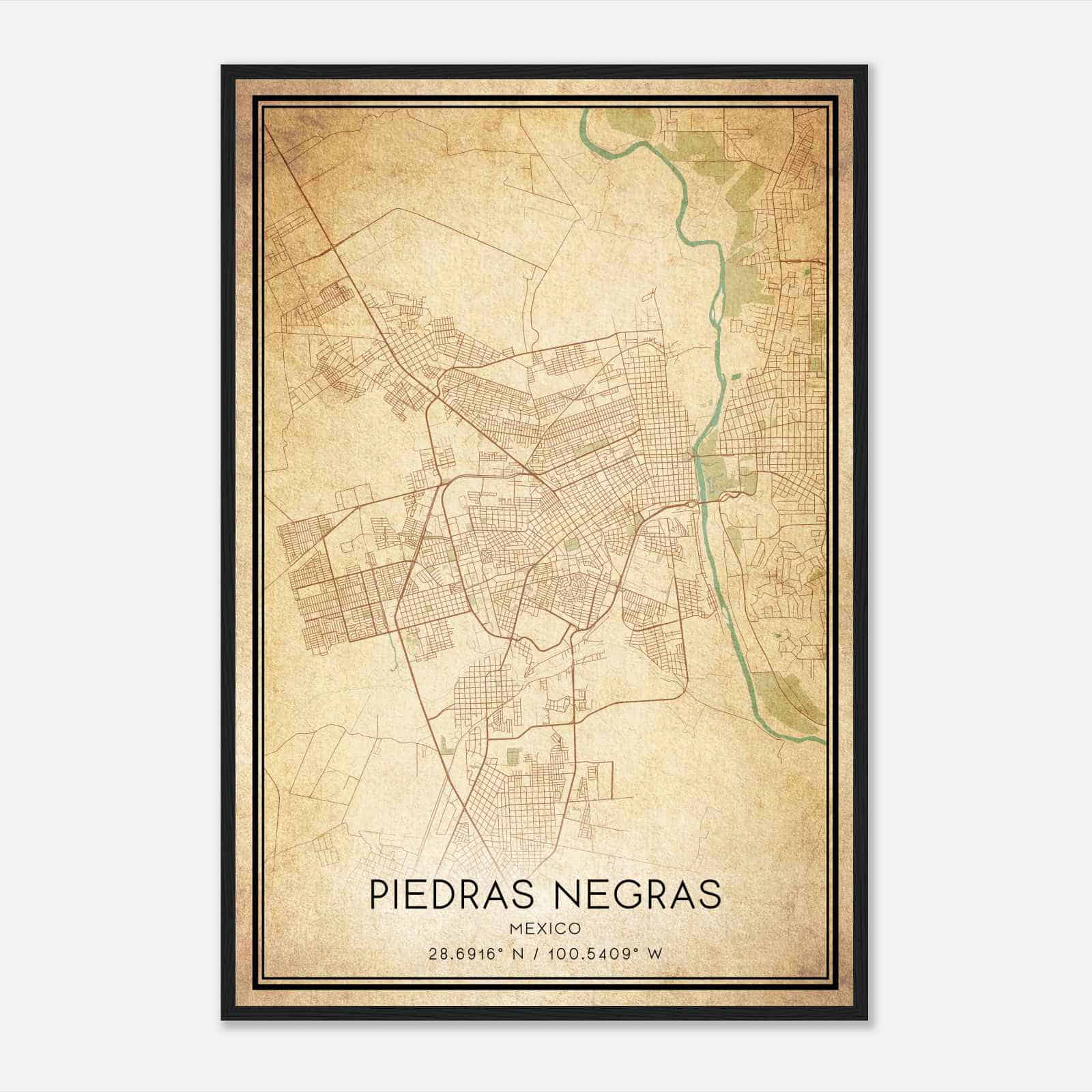 Vintage Piedras Negras Mexico Map Poster, Piedras Negras City Road Wall Art Print